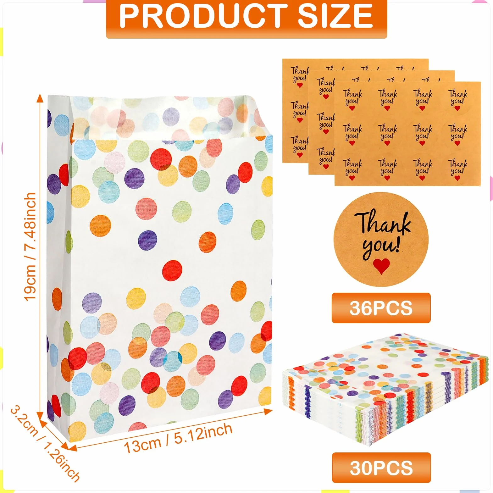 Bomtop 30 Bolsas Cumpleaños Infantil con 36 Pegatinas, Bolsas Chuches Galletas Cumpleaños, Bolsa de Regalo con Lunares de Colores para Envolver Regalos, Fiestas Infantil, Bodas, Navidad, Día del Niño