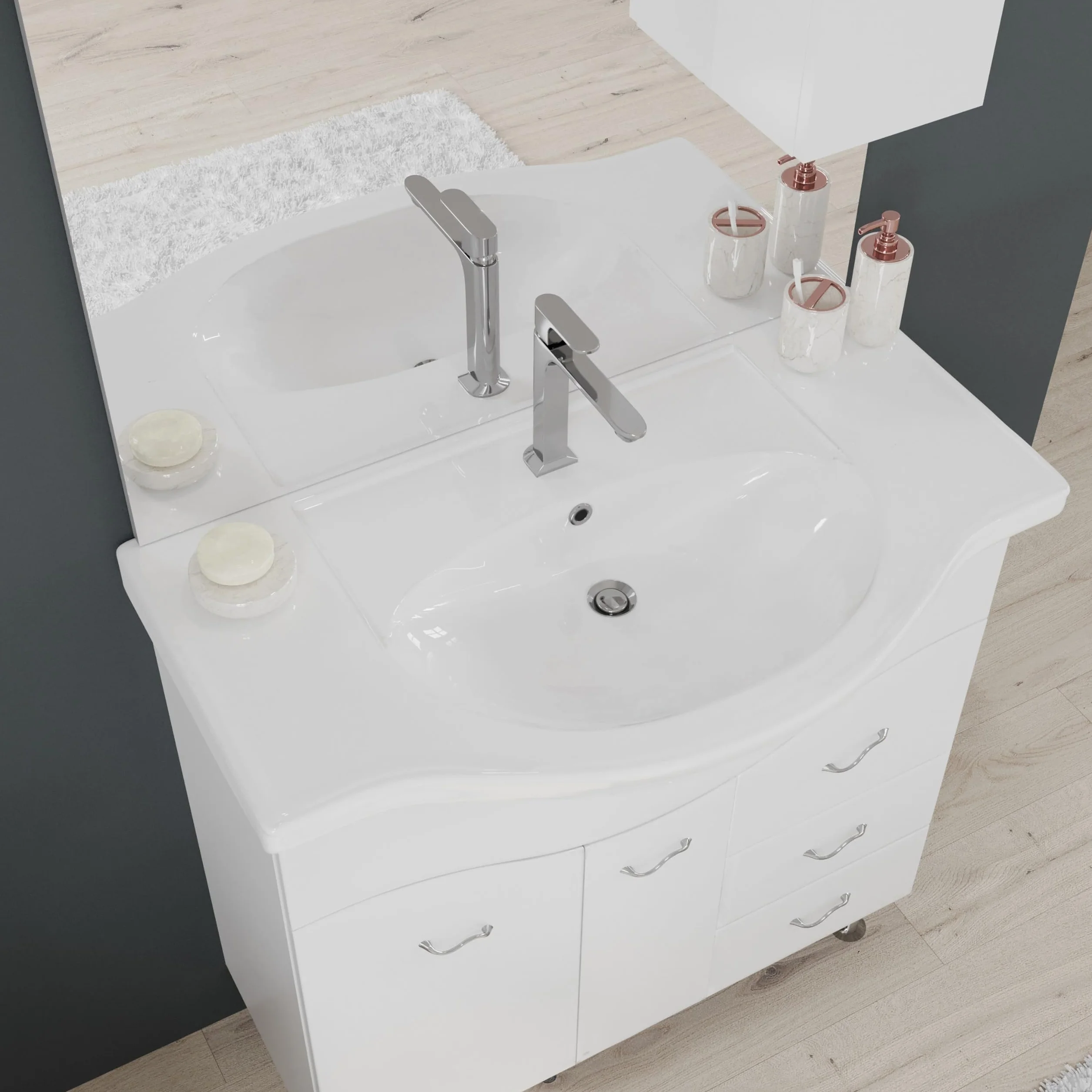 Kiamami Valentina - Mueble de baño de 85 cm en el Suelo con Lavabo, Espejo y Armario Colgante en Color Blanco.