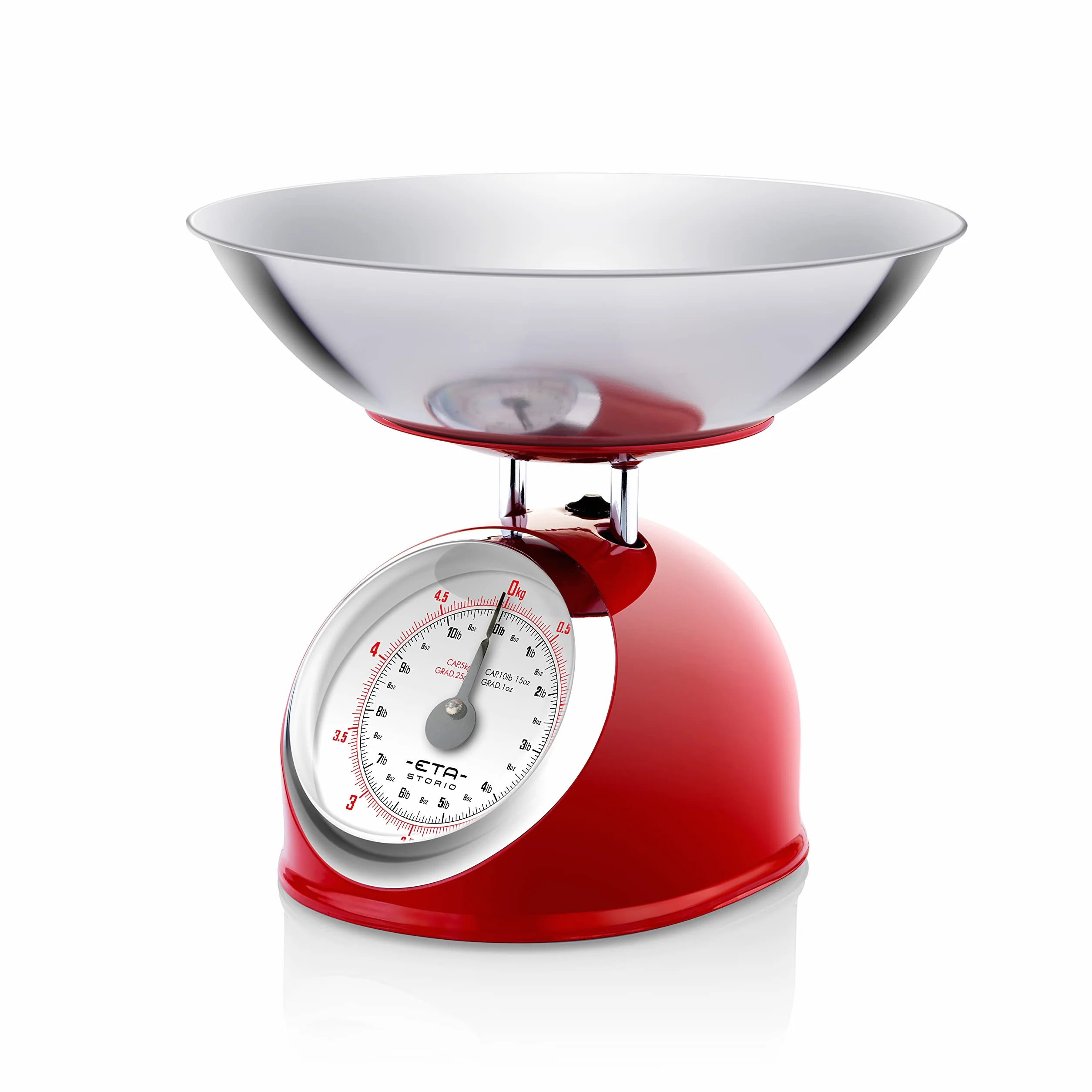 ETA STORIO - Báscula de Cocina Analógica Pesa Comida (Cuenco de Acero Inoxidable, 2 l, máx. 5 kg), Color Rojo