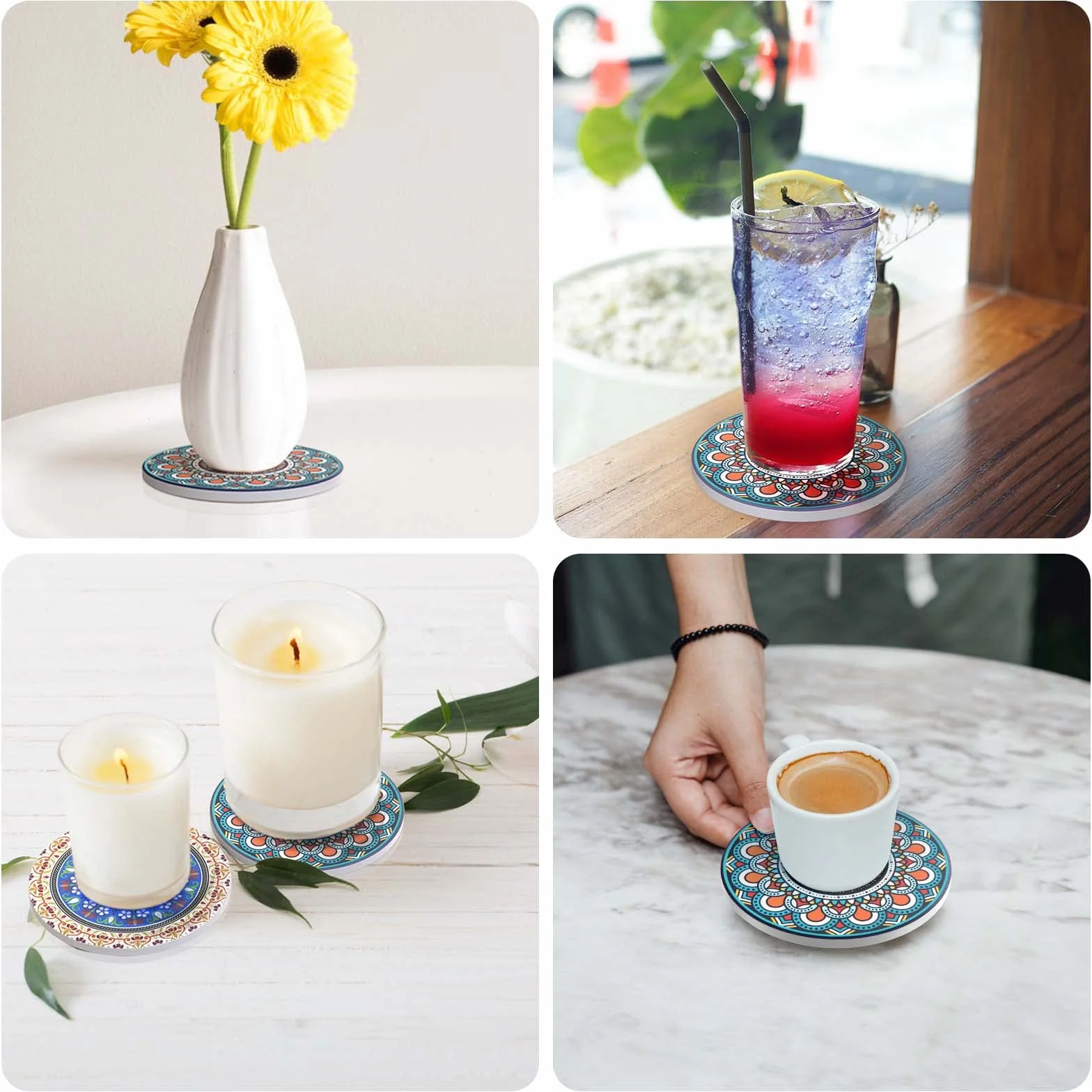 Posavasos de Corcho Cerámica Juego de 8 con Soporte Metal 4 Pulgadas Diseño Mandala para Tazas Regalo