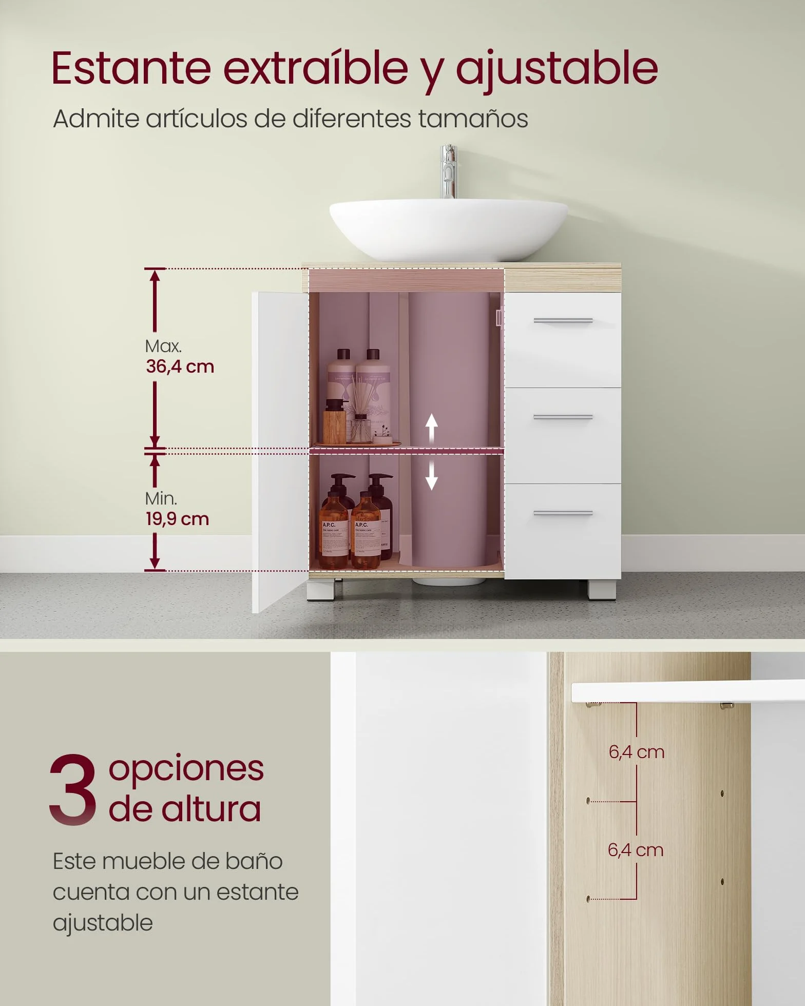 VASAGLE Armario de Baño 3 Cajones 30 x 60 x 64 cm Blanco Nube Beige Natural
