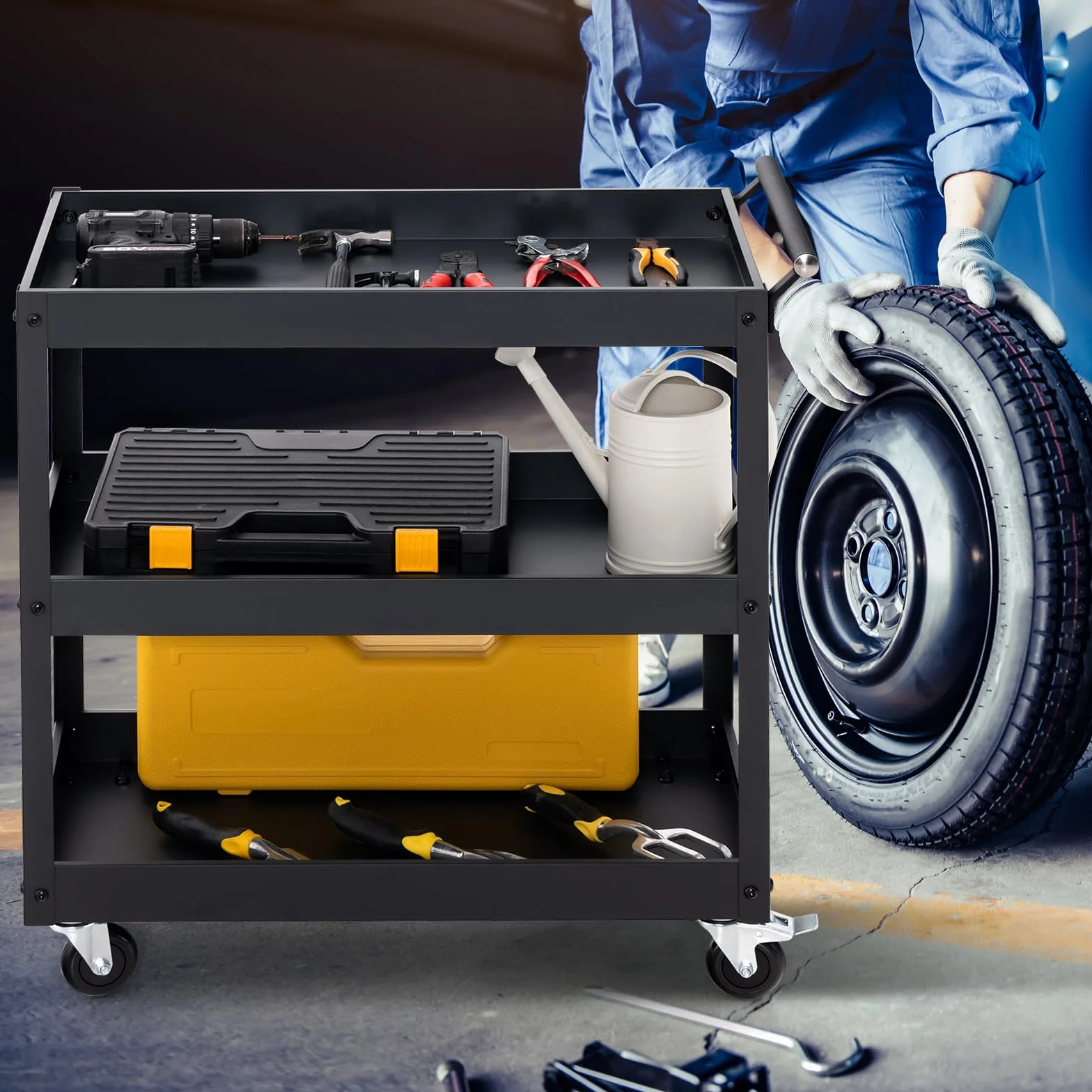 GOPLUS Carrito de Utilidad de 3 Niveles, Carro de Herramientas Organizador con 4 Ruedas Universales y Mango Lateral Toallero, Carrito de Servicio Rodante para Garaje, Baño, Almacén, Negro (Negro)