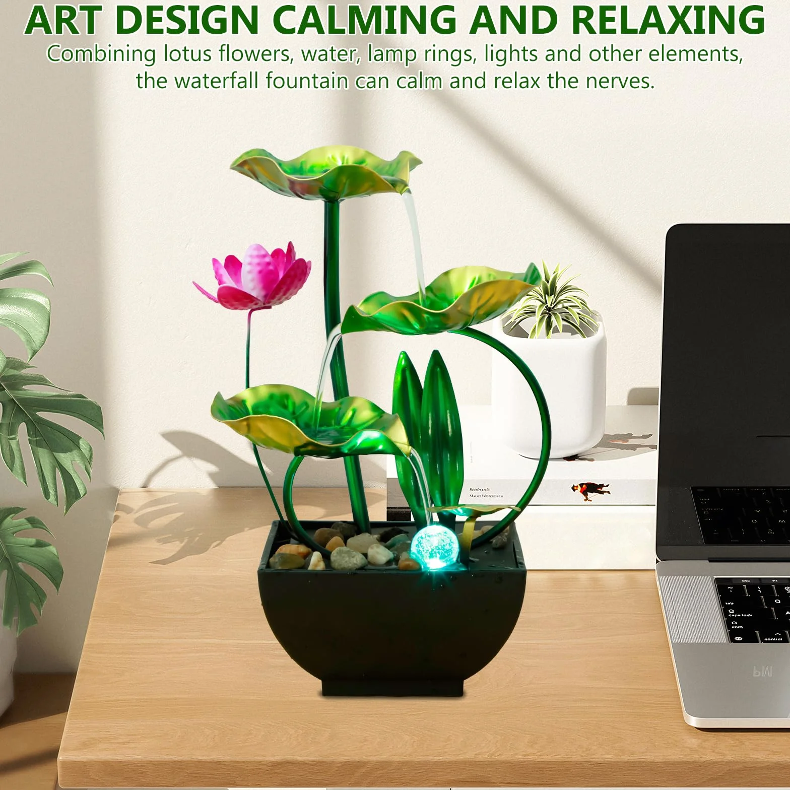 Fuente de Agua de Mesa para Interiores Con Anillo de Luces LED - Alimentada por USB, para Escritorio, Meditación, Relajación y Decoración Zen