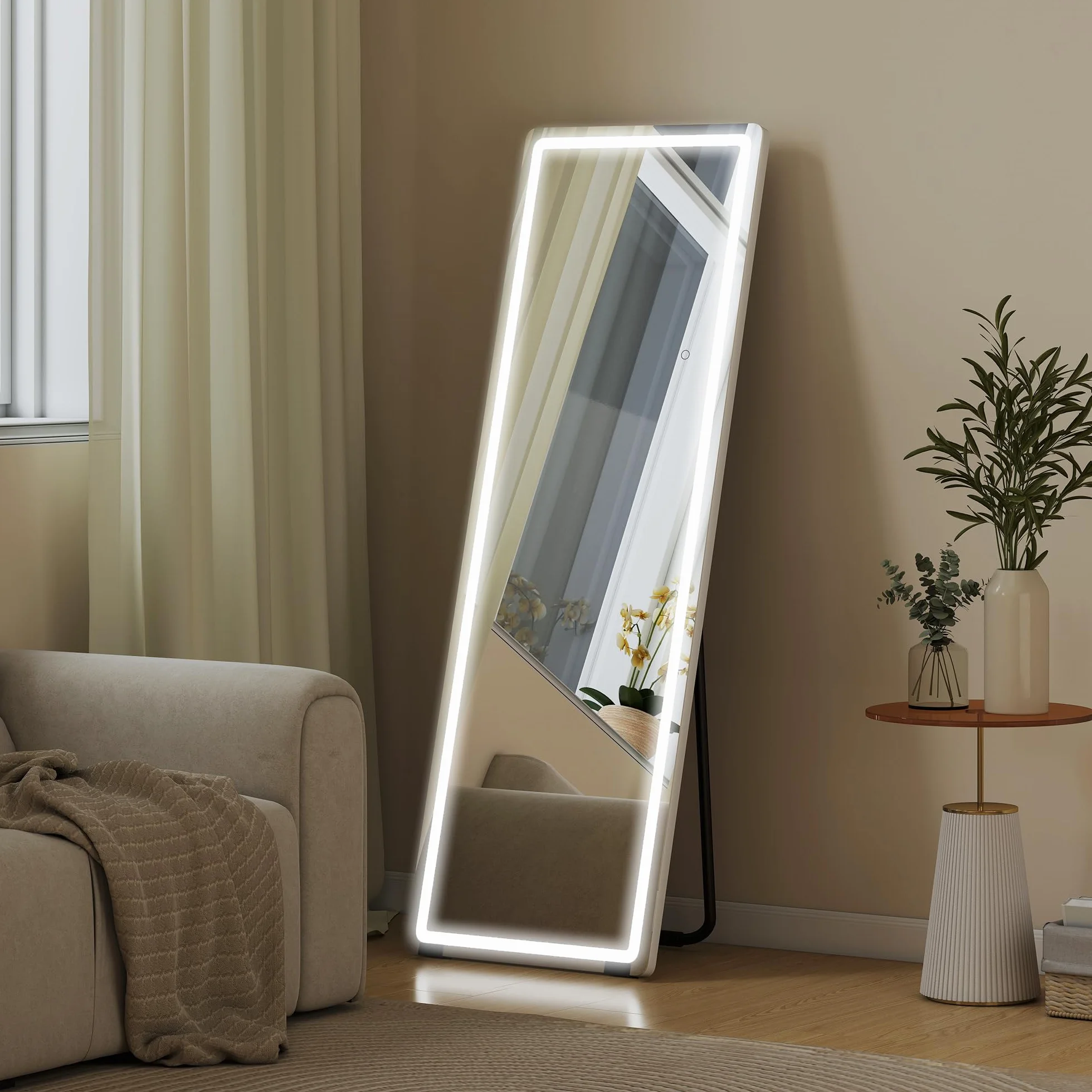 HOMCOM Espejo de Pie Cuerpo Entero con Luces, 150x50 cm, Espejo de Cuerpo Entero sin Marco, 3 Temperaturas de Color, Brillo Ajustable, Independiente, Apoyado y de Pared, para Dormitorio, Transparente