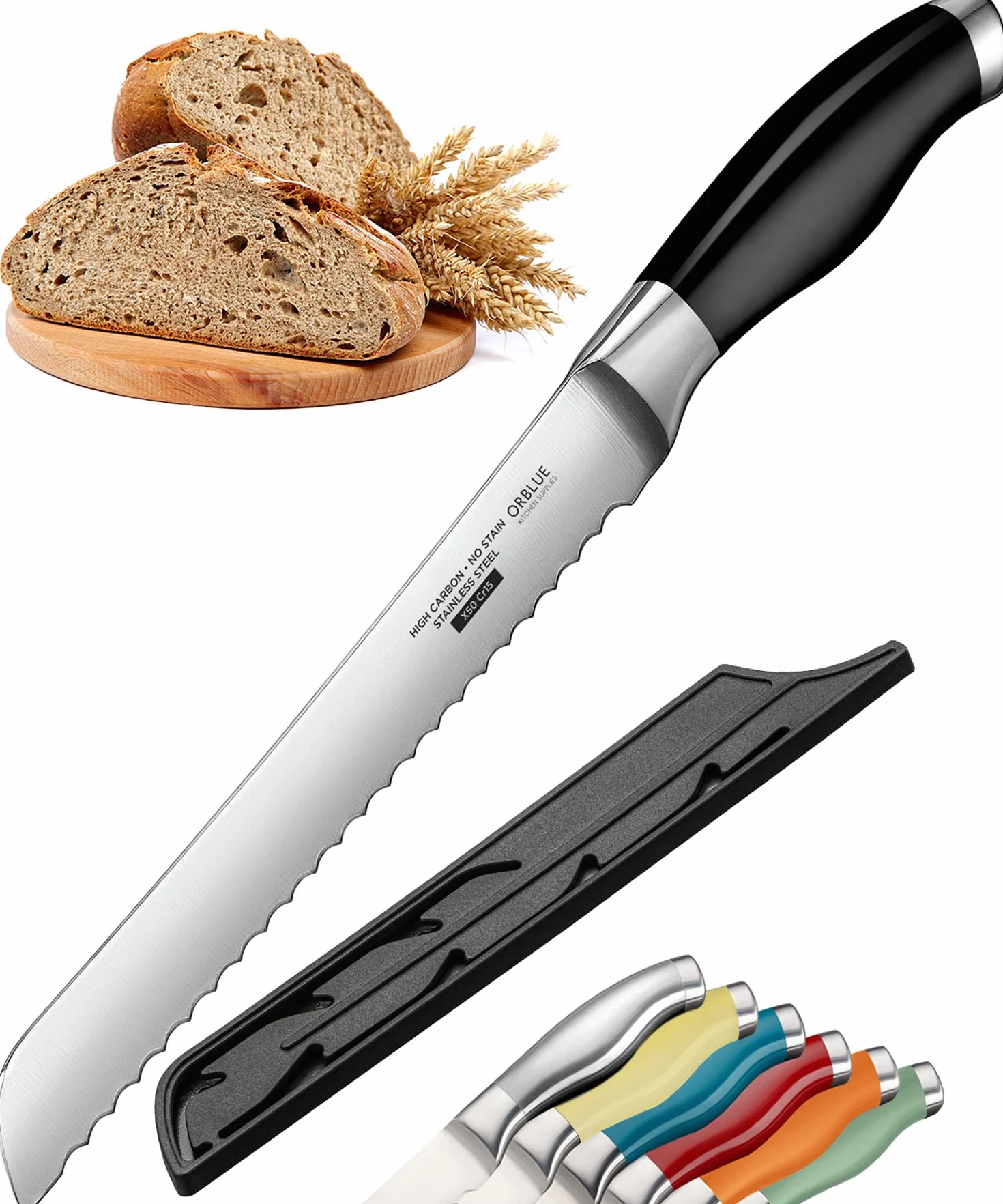 Orblue Cuchillo de Pan 20cm, Cuchillo Panero Profesional con Sierra Grande, Ideal para Cortar el Pan, Cuchillo de Cocina de, Cuchillo Sierra Arcos