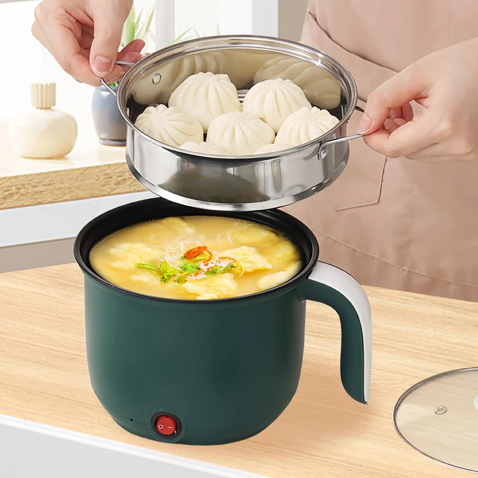 Olla eléctrica 1,8 L mini cocina antiadherente vaporizador sartén sopa rápida portátil viaje pasta