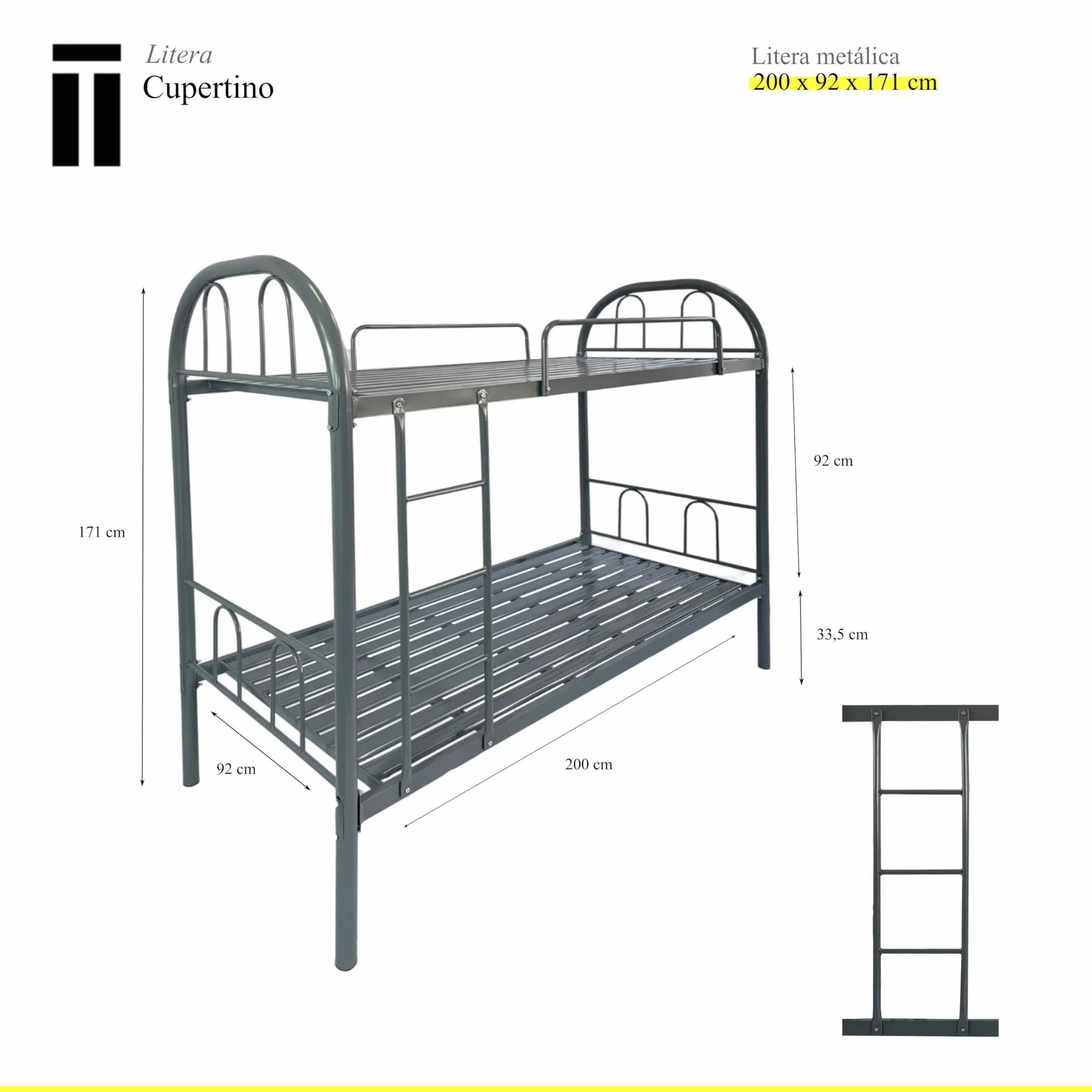 Shiito | Modelo Cupertino - Litera Metálica | Gran Resistencia y Durabilidad | Optimiza el Espacio en tu habitación | 90 x 190 cm - Gris