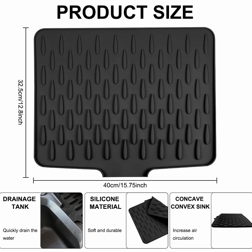 Vicloon Alfombrilla Escurreplatos de Silicona,Bandeja Escurreplatos con Salida de Drenaje,Grande Alfombrilla Escurreplatos,Alfombrilla para Secar Platos para Encimeras y Fregaderos de Cocina,Negro