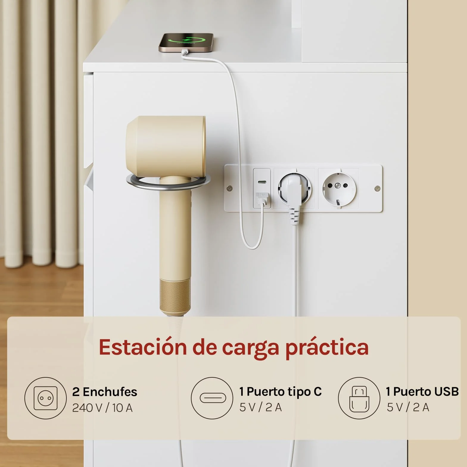WOLTU Tocador de Maquillaje con 9 Cajones, 1 Bandeja de Joyas, Mesa Tocador Blanco con Espejo y Luz LED Ajustable, Estantes Abiertos, Estilo Moderno para Dormitorio