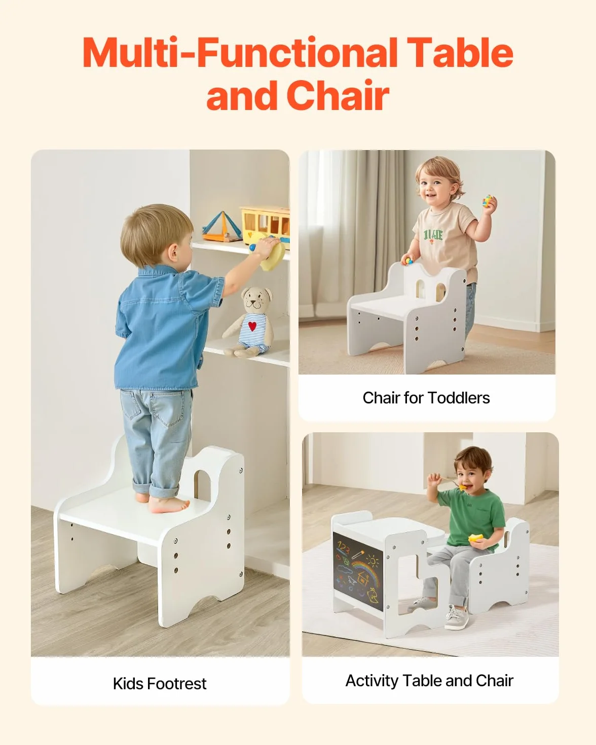 VEVOR 3 en 1 Juego de Mesa y Silla Montessori para Destete con Pizarra, Mesa Montessori de Altura Ajustable 380 x 316 x 400 mm para Leer, Dibujar, Comer y Jugar para Niños de 1 a 5 Años, Blanco