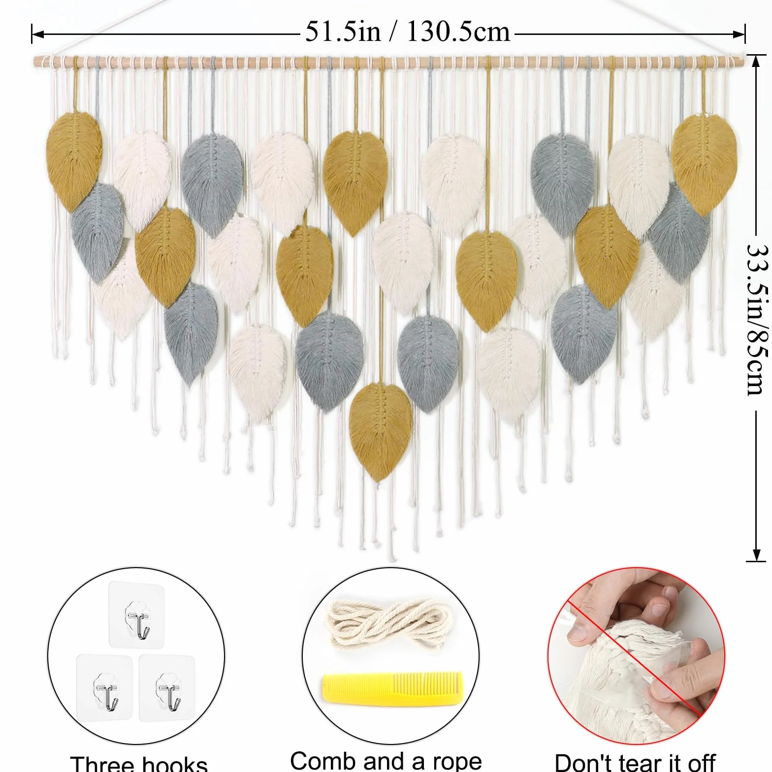 Macramé Tapiz Grande Tejido Boho Hoja Decoración de Pared 130 cm Amarillo