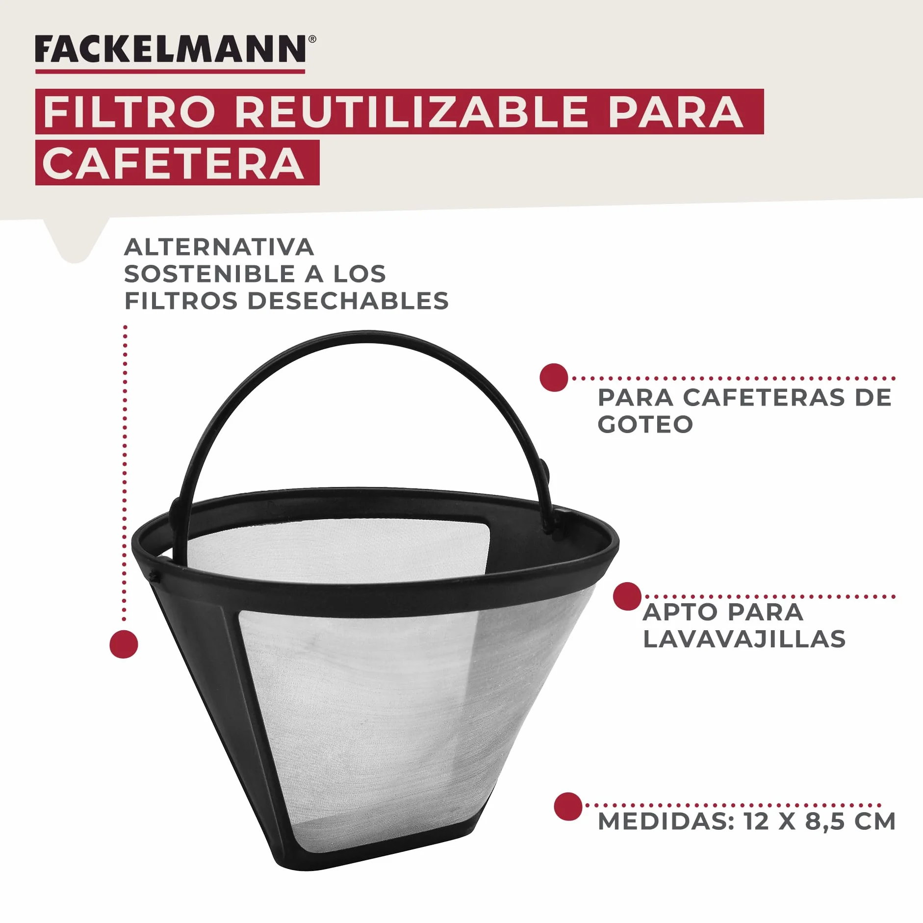 Fackelmann Filtro Permanente Café o Té nº4, Malla de Acero Inoxidable, Reutilizable, 11.5x8.5cm