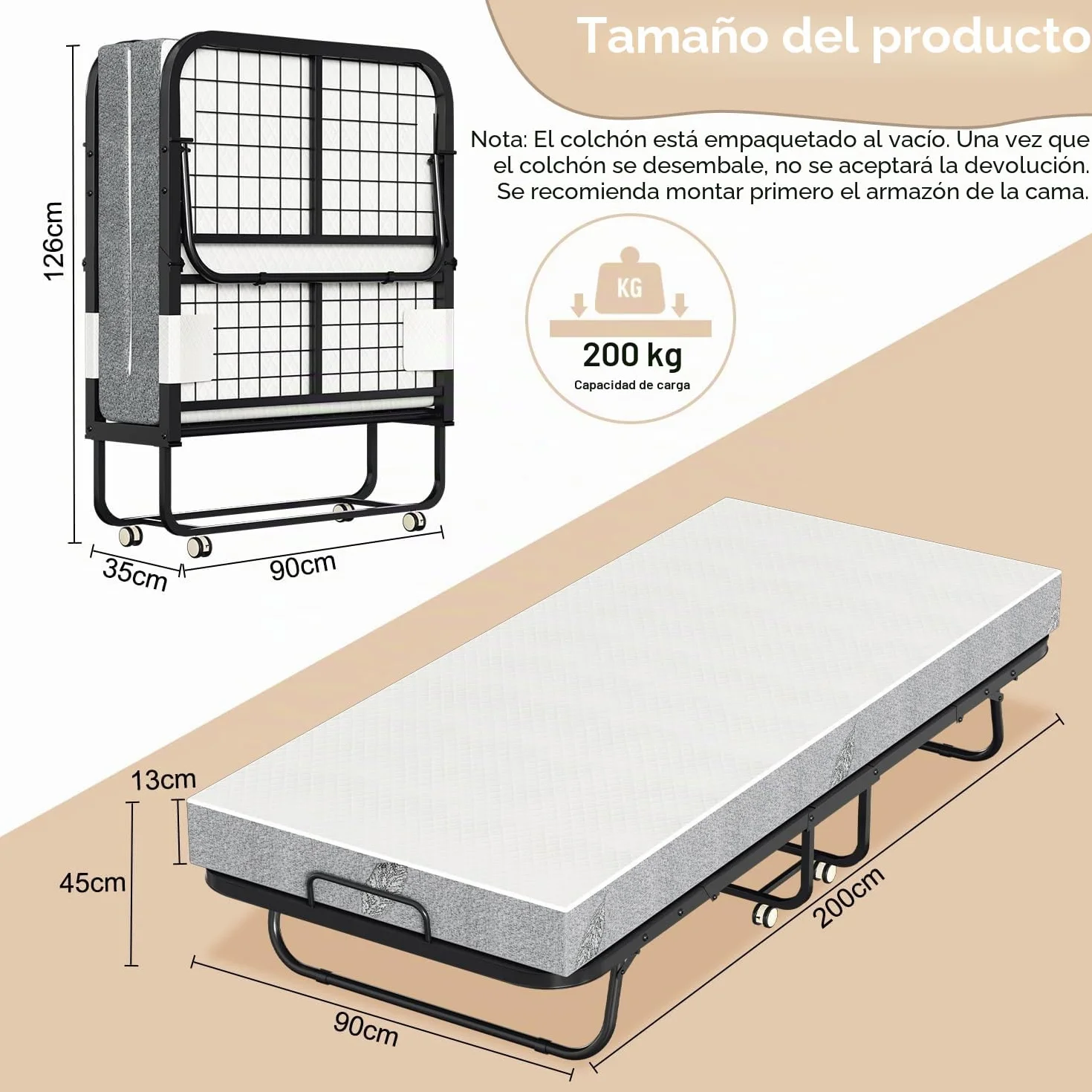 Cama plegable 90x200 cm con colchón de 13 cm, cama plegable para invitados para adultos, marco de metal estable, cama plegable con ruedas y funda protectora, cama de visita para ahorrar