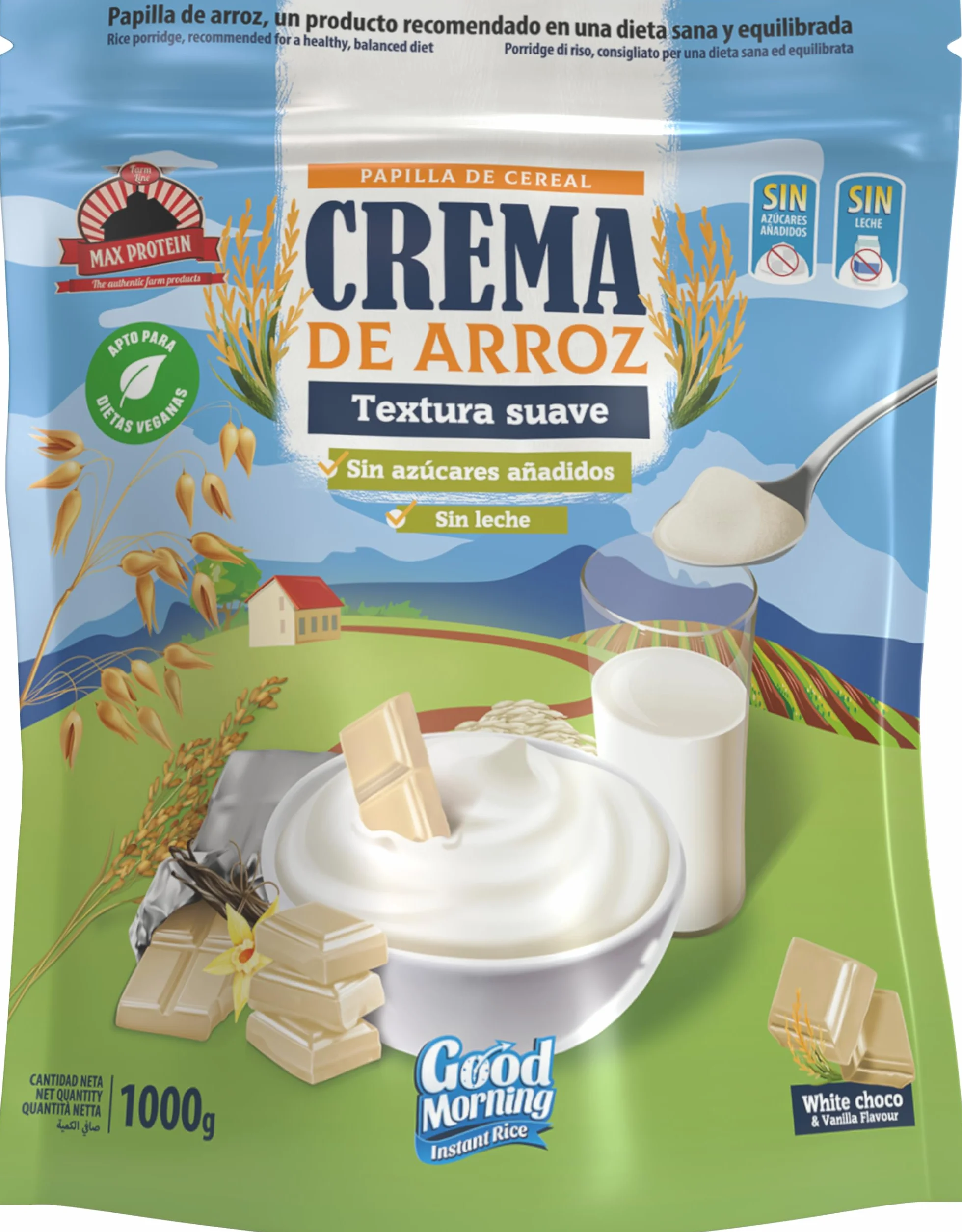 MAX PROTEIN Crema de Arroz Fitness 1000g Fuente Carbohidratos Pre Entreno Post Entreno Vegana Sin Lactosa White Choc Vanilla