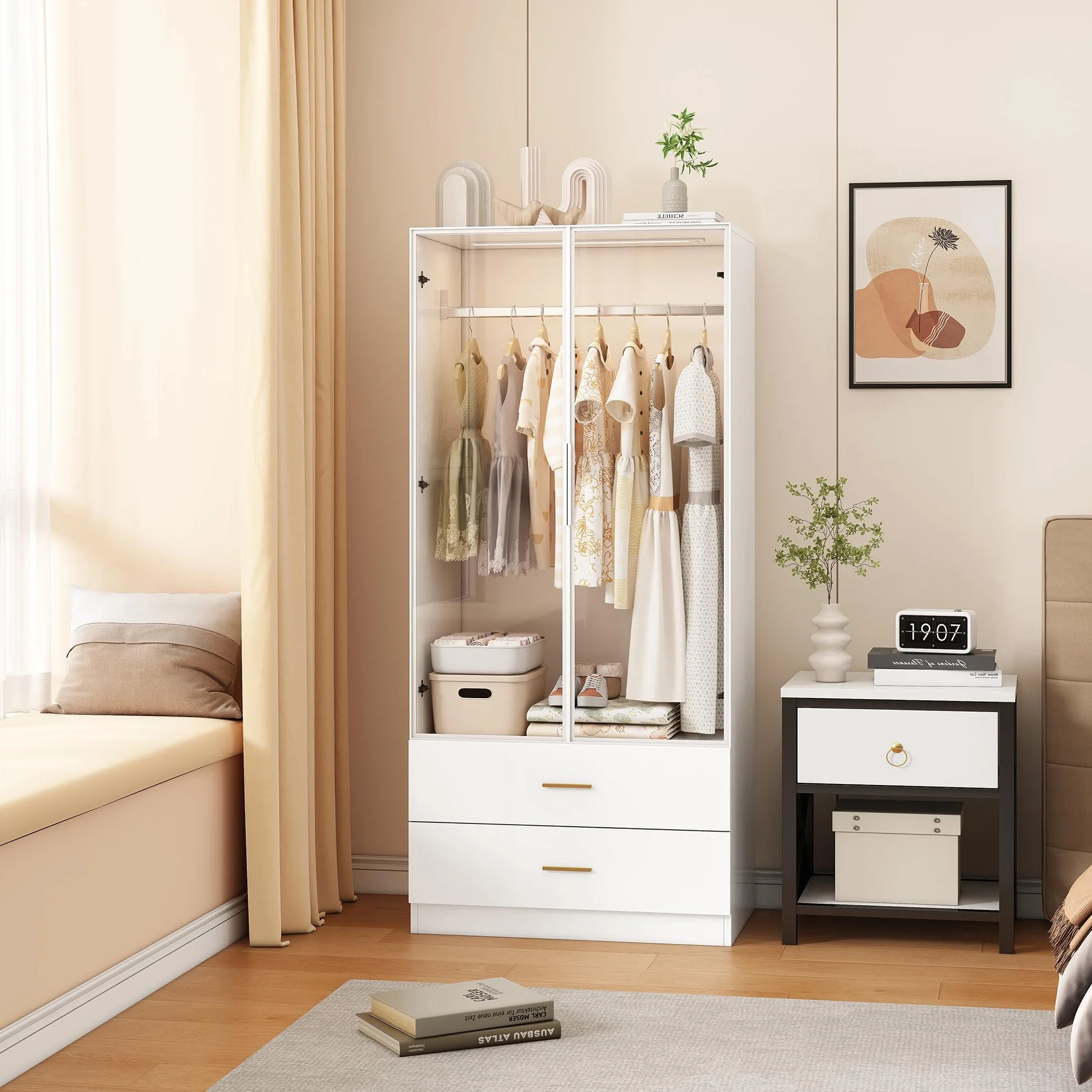 Armario moderno blanco con luz LED y puertas de vidrio 80x50x175 cm MDF