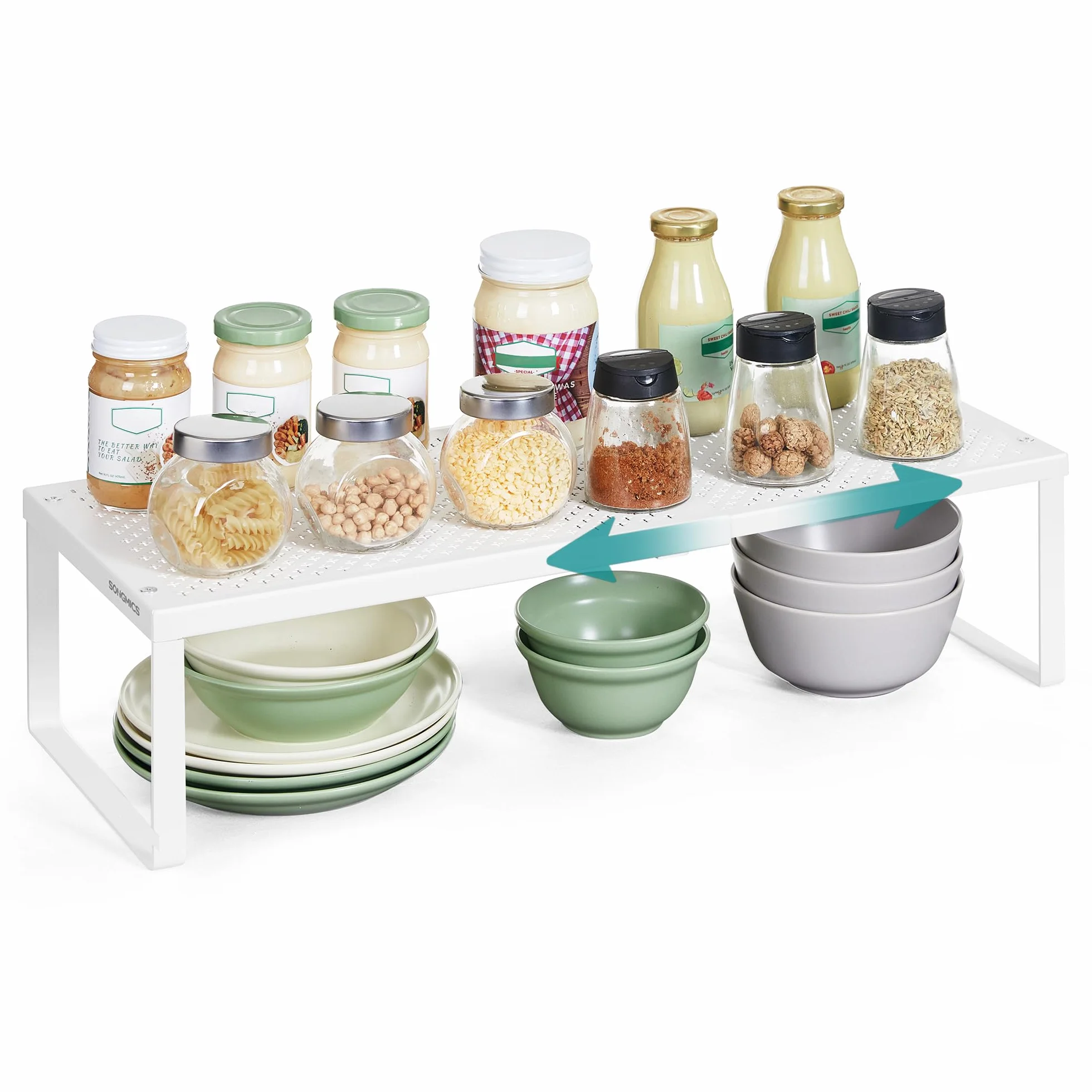 SONGMICS Especiero, Extensible, Organizador de Cocina, Estante de Cocina, Organizador de Armario, Estante Pequeño, Metal, Encimera, Mesa, Zapatero, Blanco Mate KCS007W01