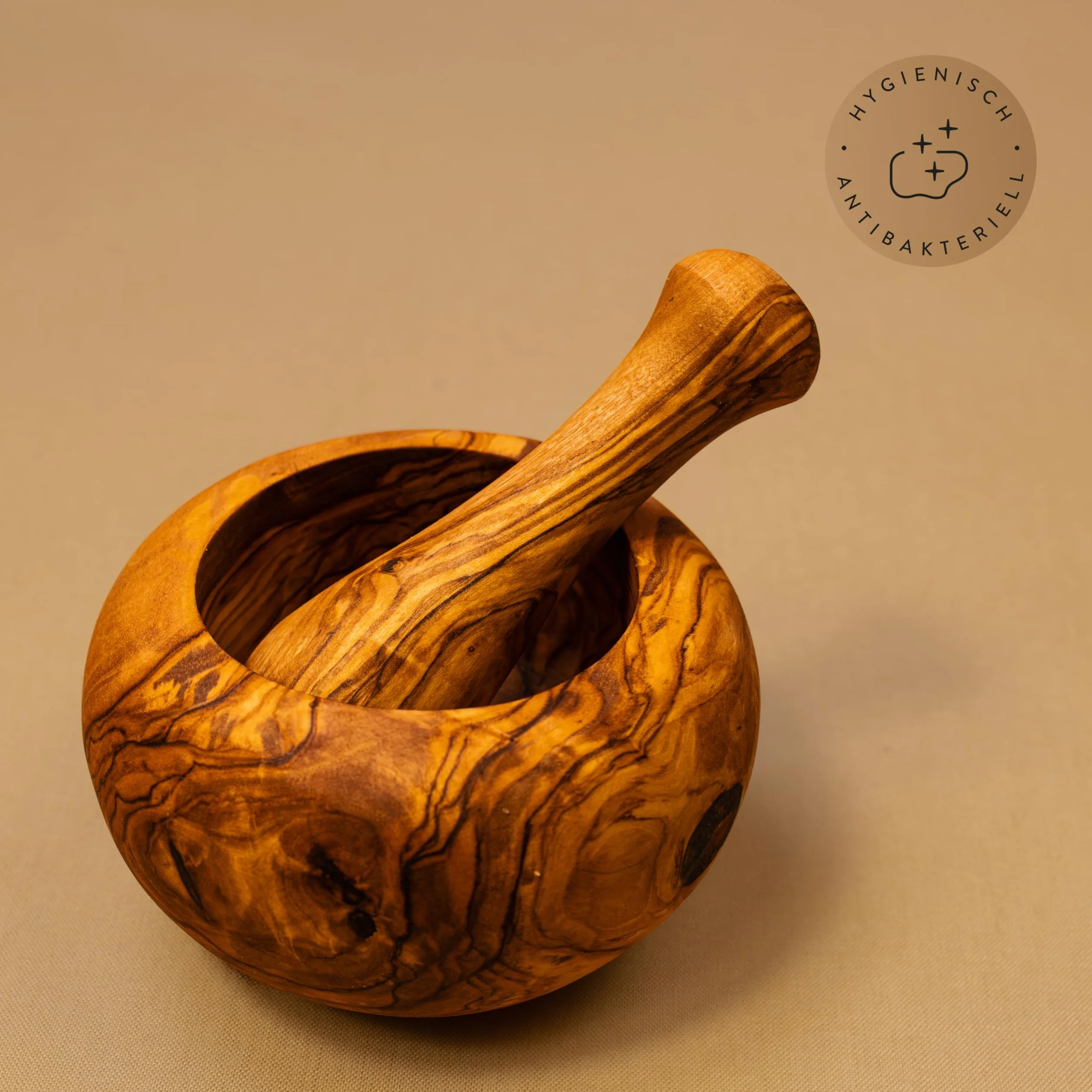 Mortero y Émbolo Forma Redonda de Madera de Olivo - 12cm
