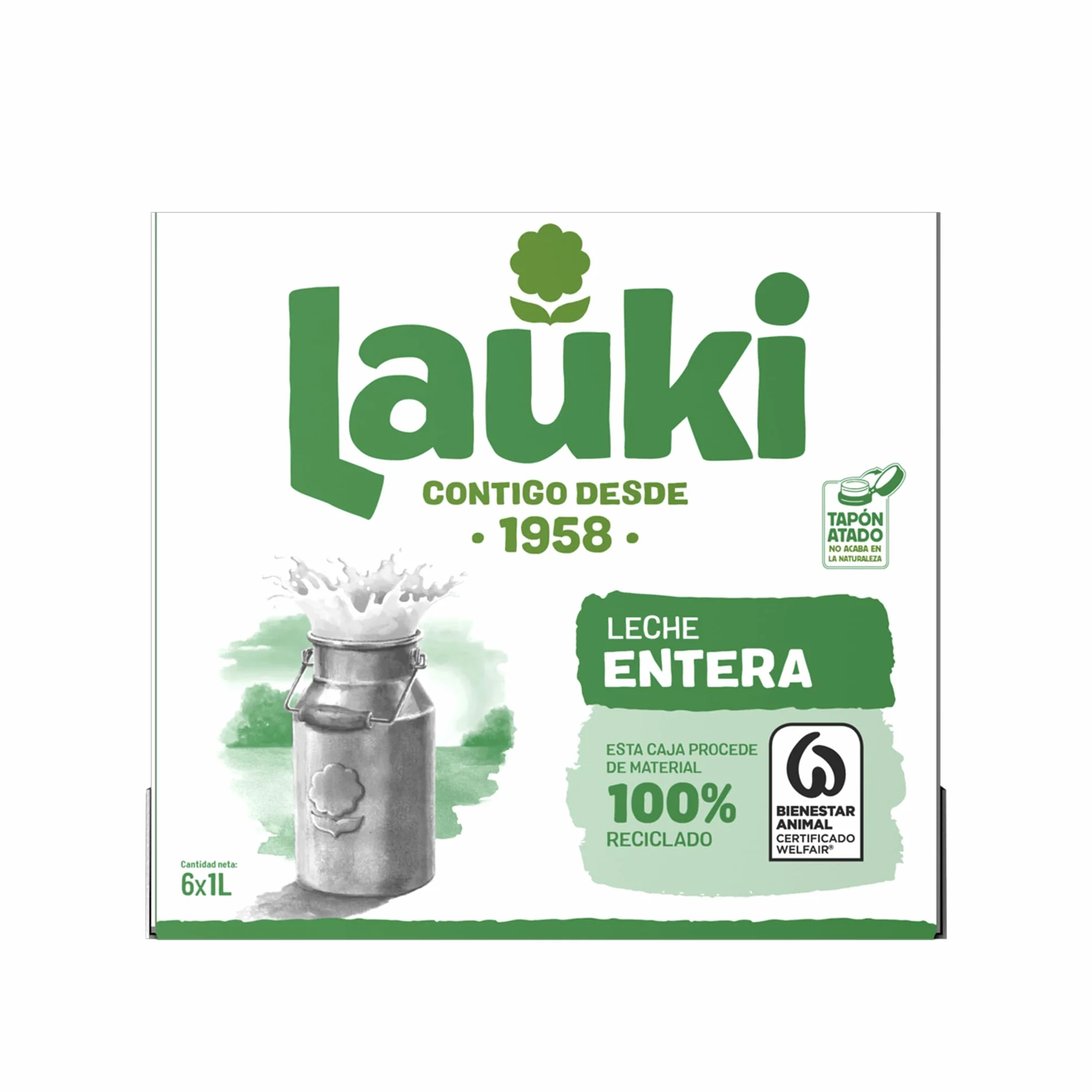 Lauki Leche Entera Bienestar Animal Sin Azúcar Añadido Sin Gluten Brik UHT Pack 6 x 1L