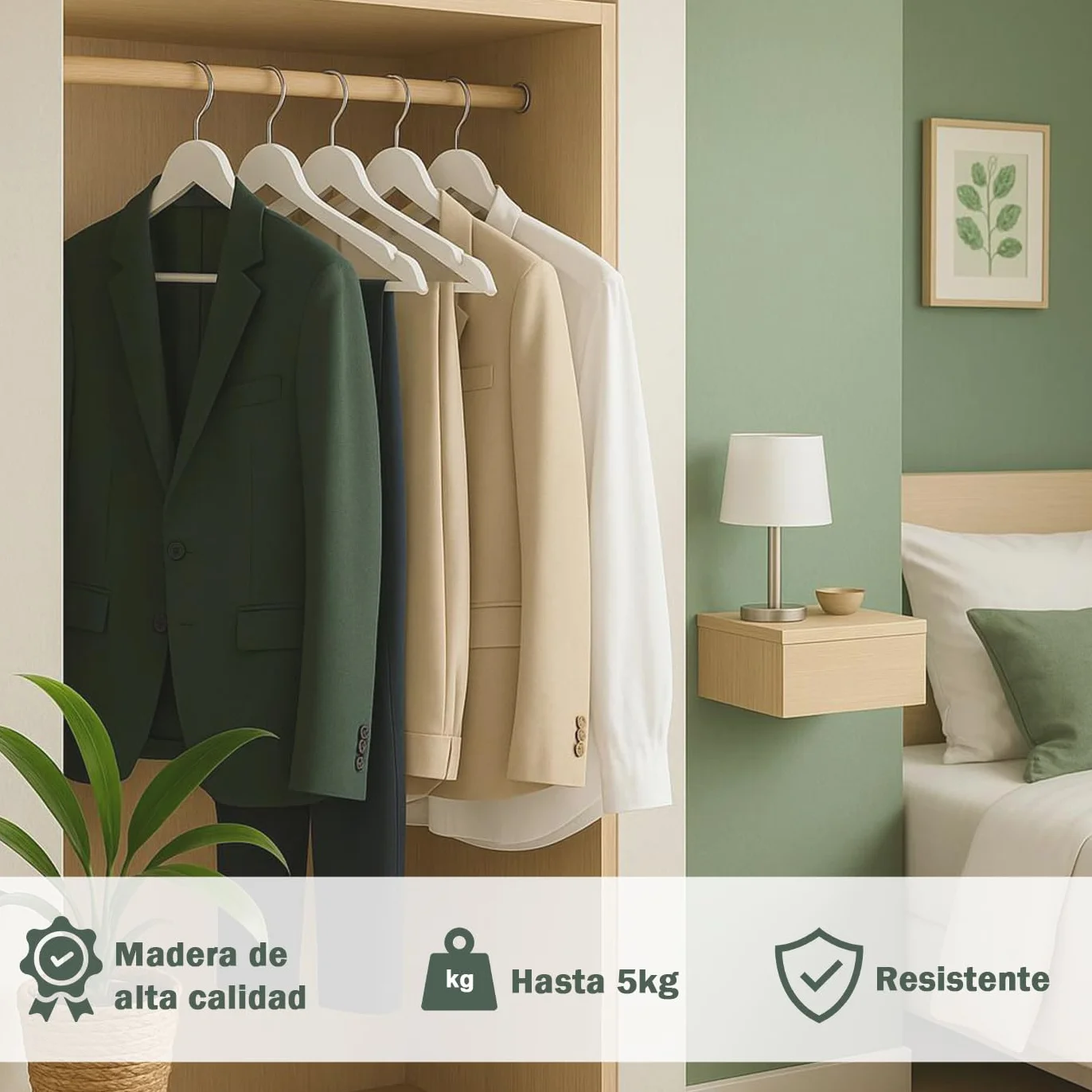MERCURY TEXTIL - Perchas Ropa de Madera Natural, Gancho Giratorio 360°, Barra Antideslizante para Pantalones, Ideal para Trajes, Vestidos y Chaquetas, Perchas Madera (Blanco, 10 Unidades)