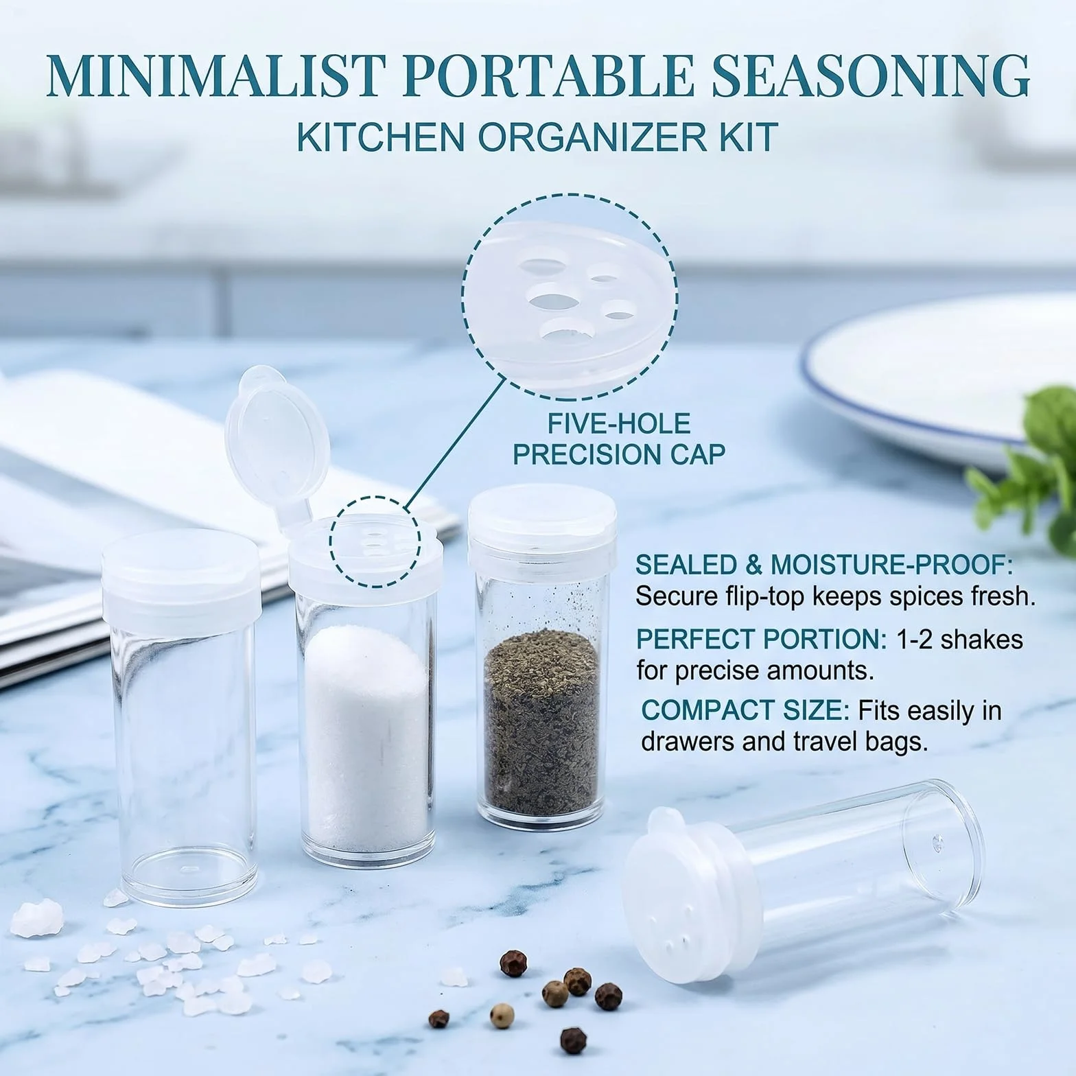 Set Mini Saleros 10 Unidades, Pequeños Dispensadores de Especias con Tapa para Viaje Camping