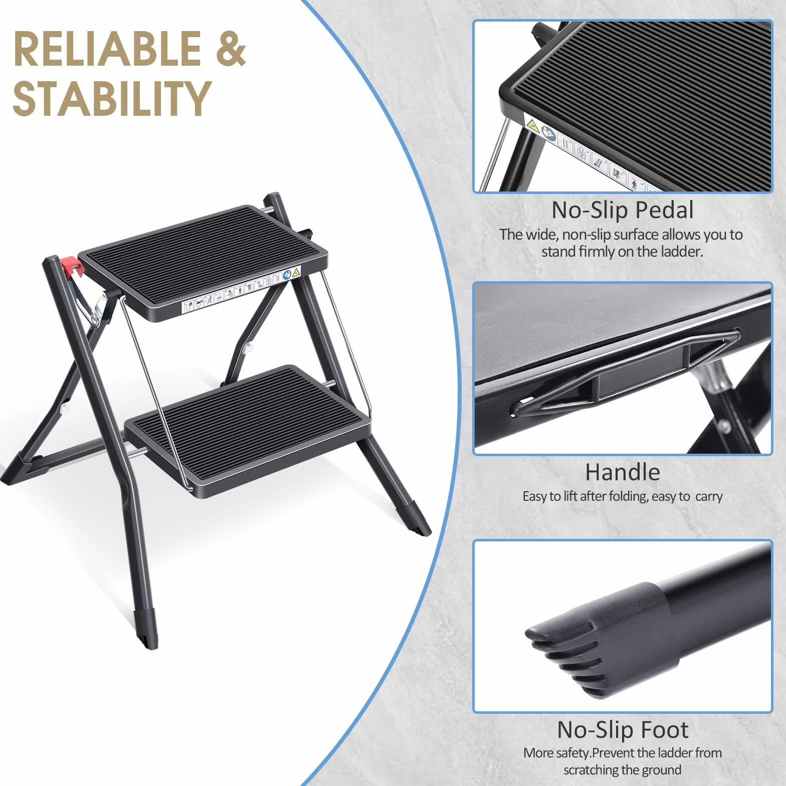 KINGRACK Taburete Plegable con Alfombrilla de Goma Antideslizante Acero Ligero 150 kg 2 Pasos Negro