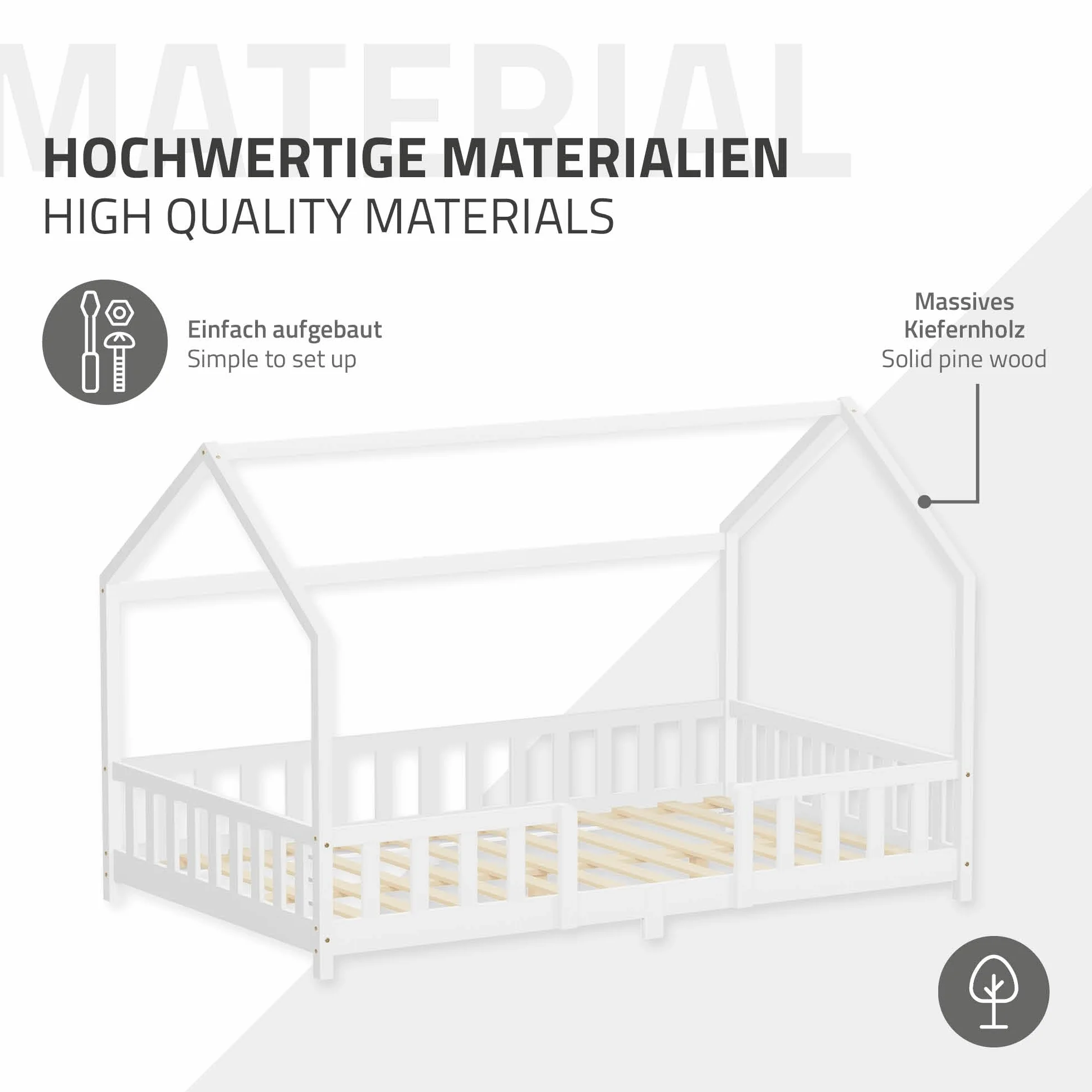 ML-Design Cama Infantil 120x200cm Blanco, con Colchón, Protección Anticaída, Techo y Somier, Listones de Madera de Maciza de Pino Lecho Doble Montessori Forma de Casa Mobiliario Juvenil, para Niños