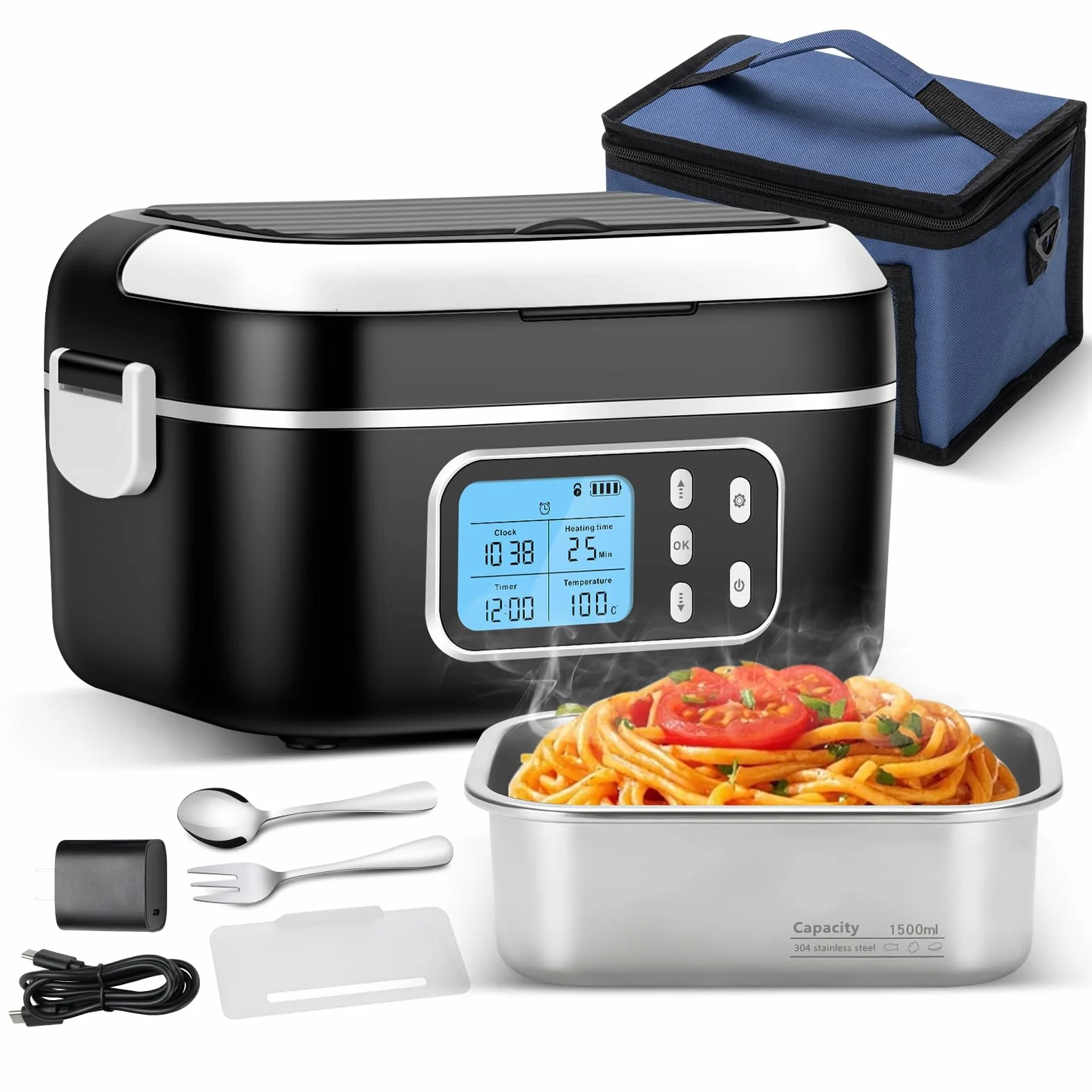 G-STORY Fiambrera Electrica 27000mAh Calentador de Comida Portatil 1,5L Lunch Box, con temporizador y control de temperatura, para oficina, camión y exteriores