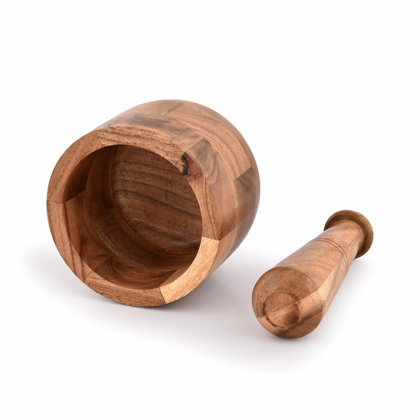 Samhita Mortero de madera de acacia hecho a mano, perfecto para moler hierbas, ajo, especias de nuez y uso esencial de cocina
