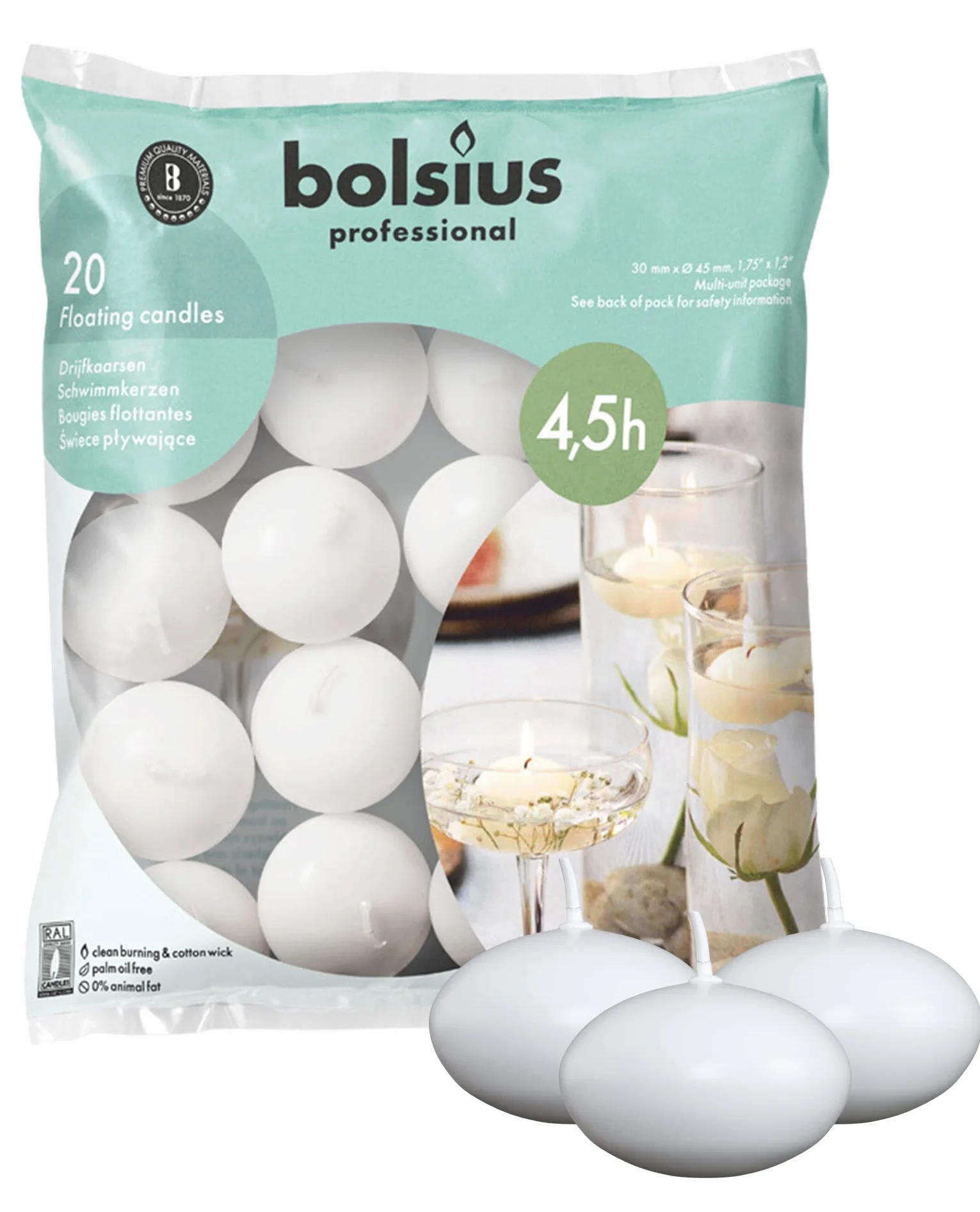 Bolsius Floating Candles Blanco 4.5cm x 4.5cm x 3cm 20 sztuk