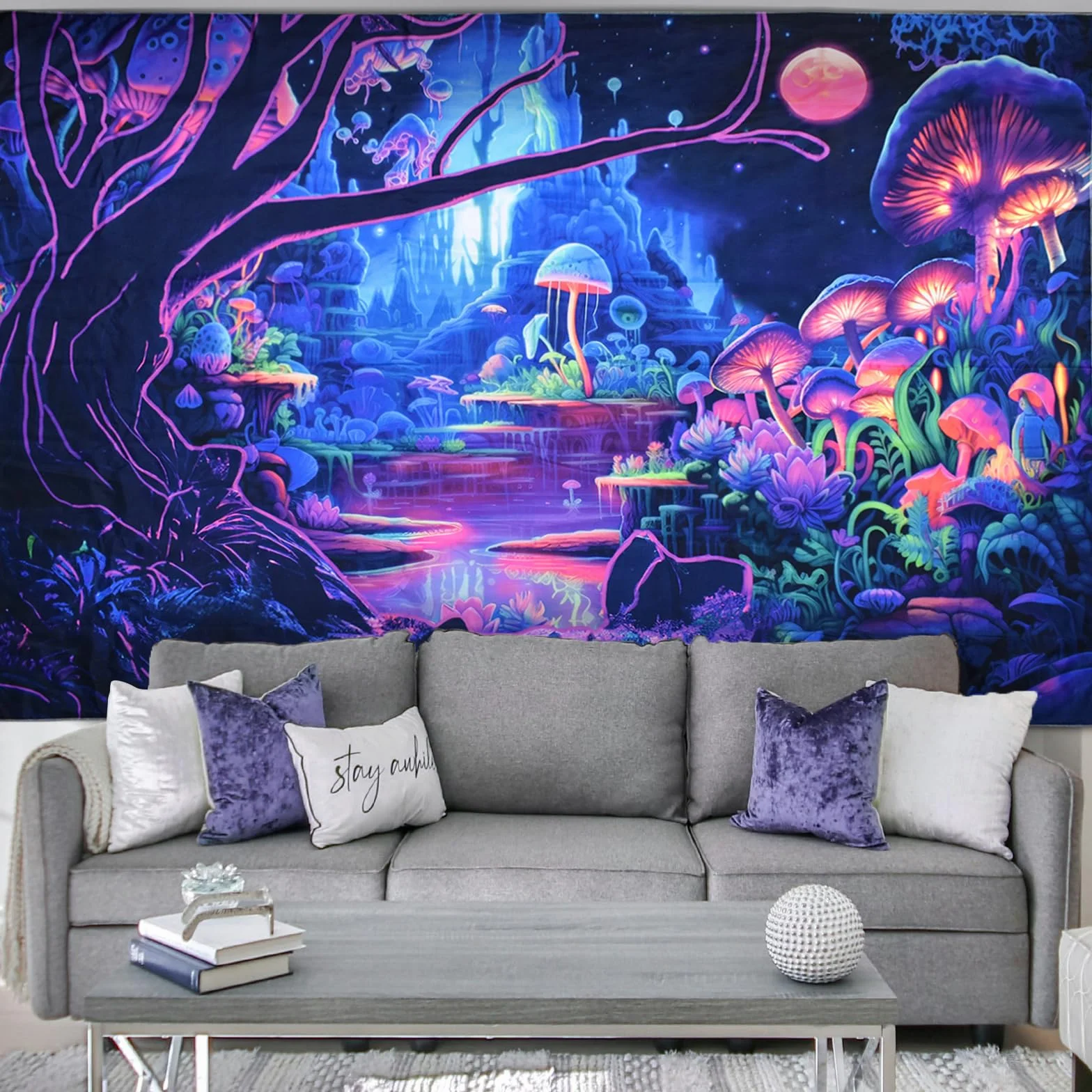 Cyiecw Negro Luz Tapiz Estético,UV Reactivo Hongo Deco Tapiz,Fluorescente Plantas Cielo Estrellado Psicodélico Bosque Paño de Pared,Colgante de Pared Dormitorio Salón Decoración(200 * 150cm)
