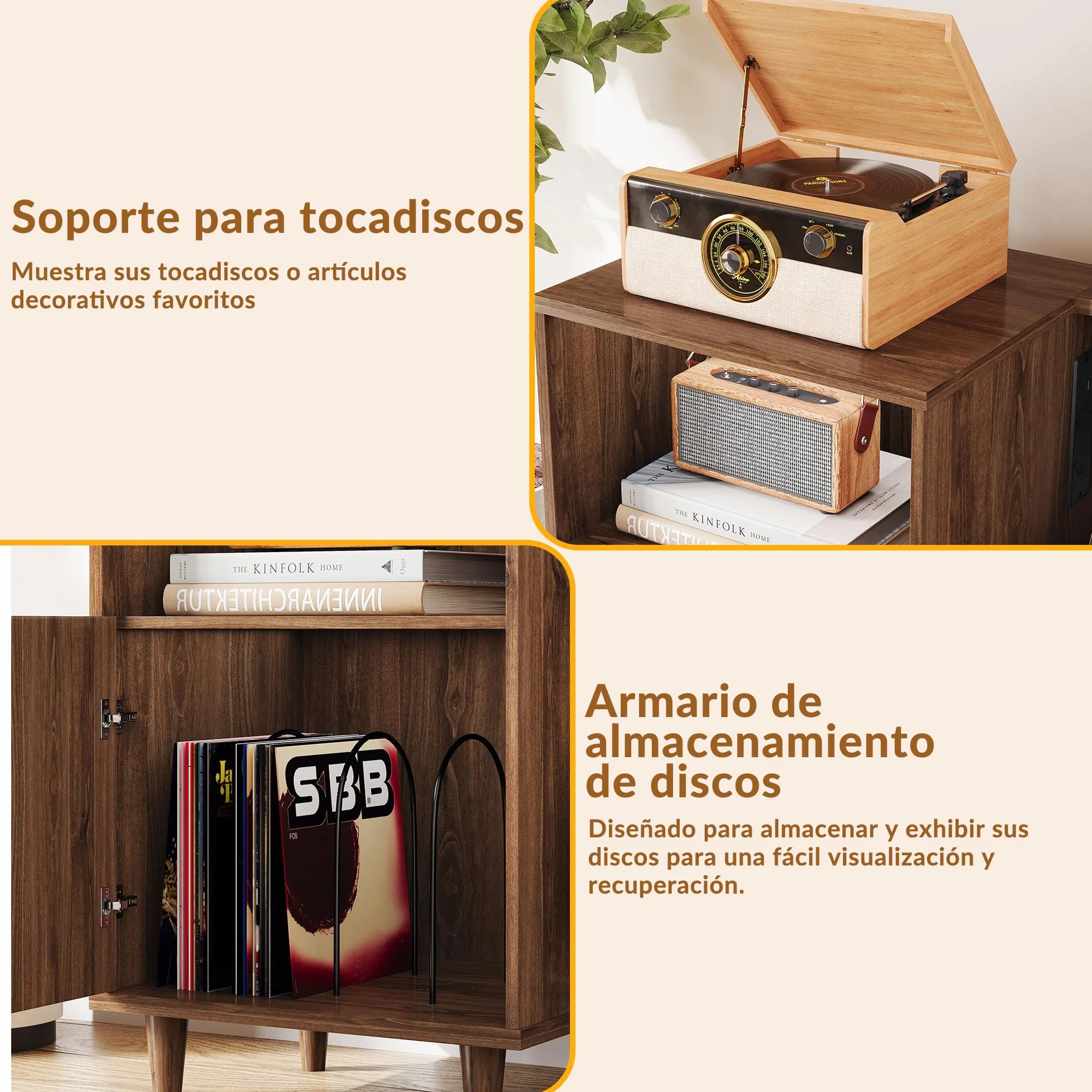 Mueble para Tocadiscos y Vinilos de Madera Vintage Mid-Century con Soporte para 3 Guitarras