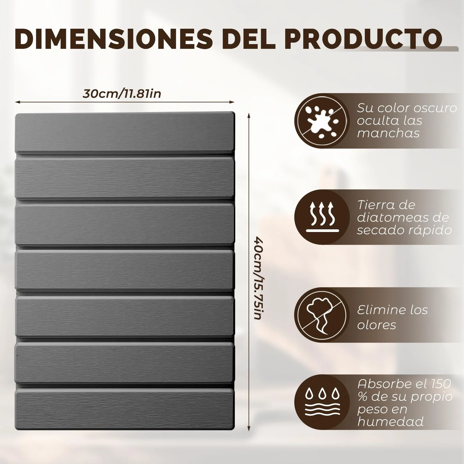 Escurreplatos de Diatomita Absorción Rápida y Secado Rápido Piedra Diatomita Alfombrilla Escurridor de Platos Fregadero Cocina Gris Oscuro 40 x 30cm