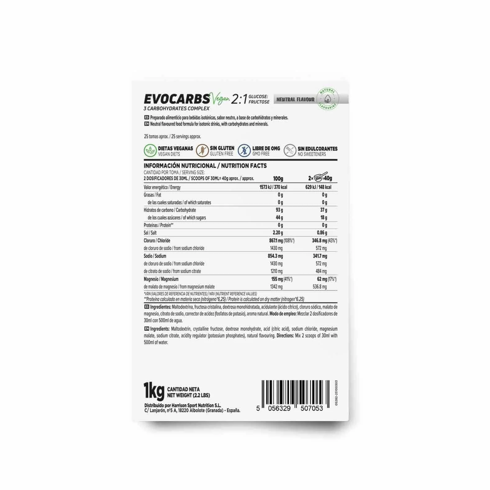 Evocarbs 2.0 Bebida Isotónica en Polvo con Carbohidratos y Electrolitos 1Kg Vegano Sin Gluten