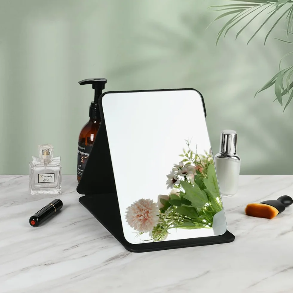 OSDUE Espejo Plegable de Maquillaje de Viaje Portátil de Cuero PU con Soporte Ajustable, Negro Grande y Extra Grande