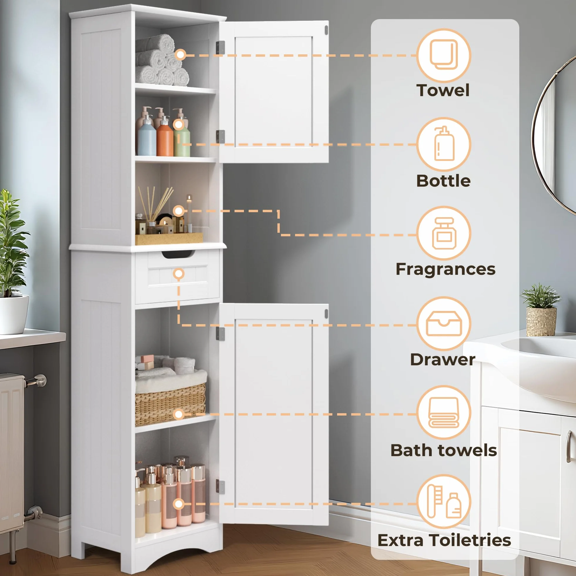 Mueble de Baño Alto 170cm Blanco 30x40cm con Cajón y Puertas Estante Antivuelco