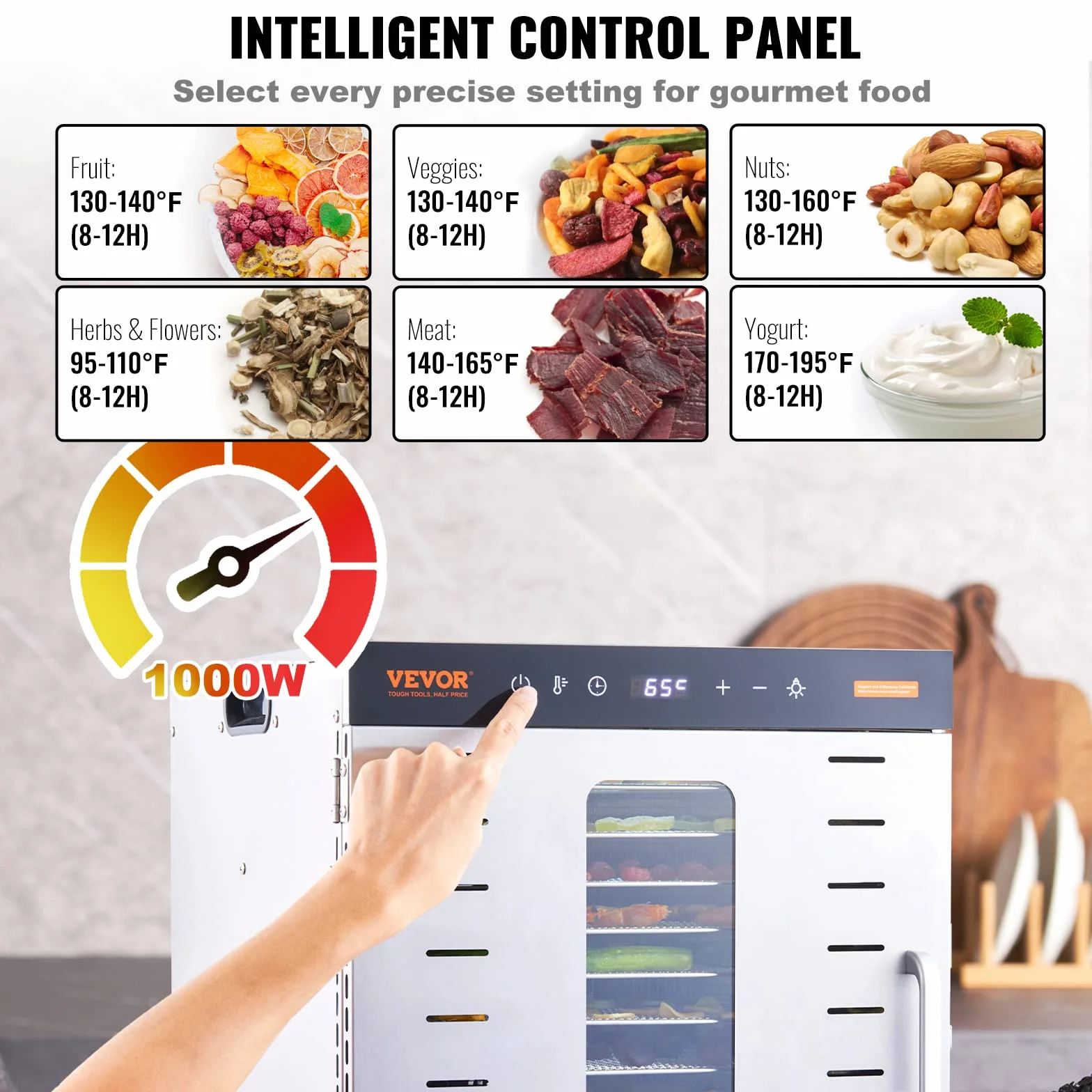 VEVOR Máquina Deshidratadora de Alimentos 10 Bandejas Acero Inoxidable 1000 W Temperatura Ajustable 30-90 °C Temporizador 0,5-48 h