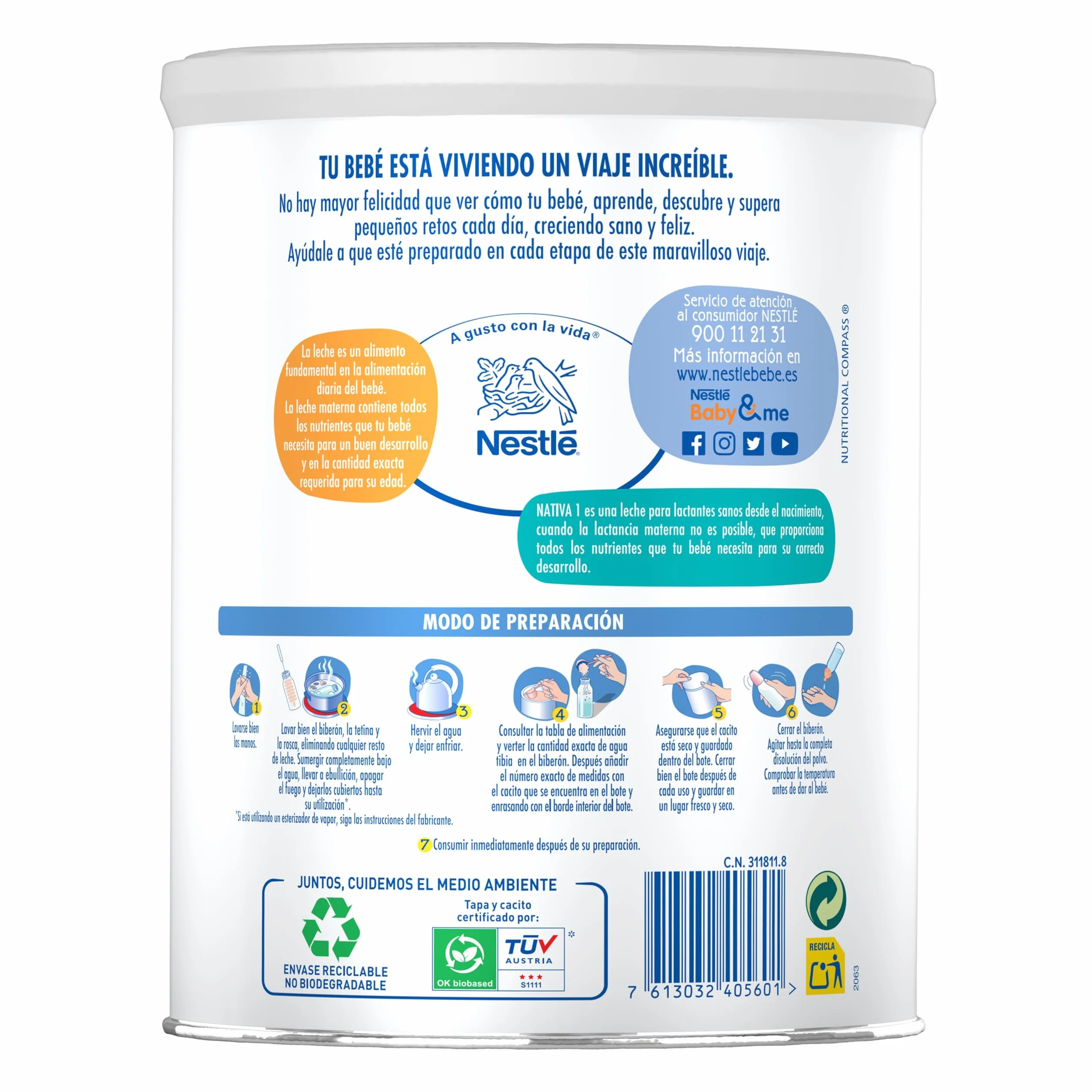 Nestlé NATIVA 1 Leche para bebés en polvo, bote 800g