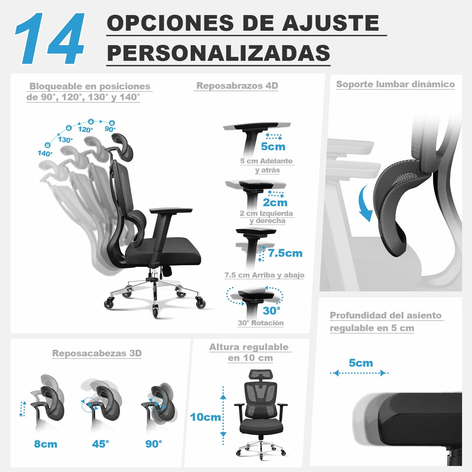 MELOKEA Silla de Oficina Ergonómica, Reposabrazos 4D, Asiento Ajustable, Reposacabezas 3D, Ruedas de Goma, 200KG