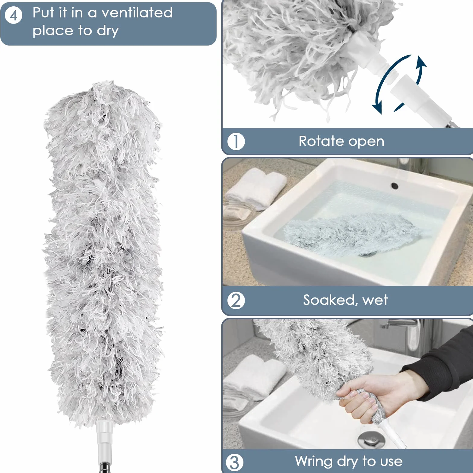 Uootach Plumero de Polvo, Plumero telescópico, hasta 2,8 m de Largo, colector de Polvo de Microfibra retráctil extralargo, fregona Plegable Lavable para Esquinas, techos, telaraña