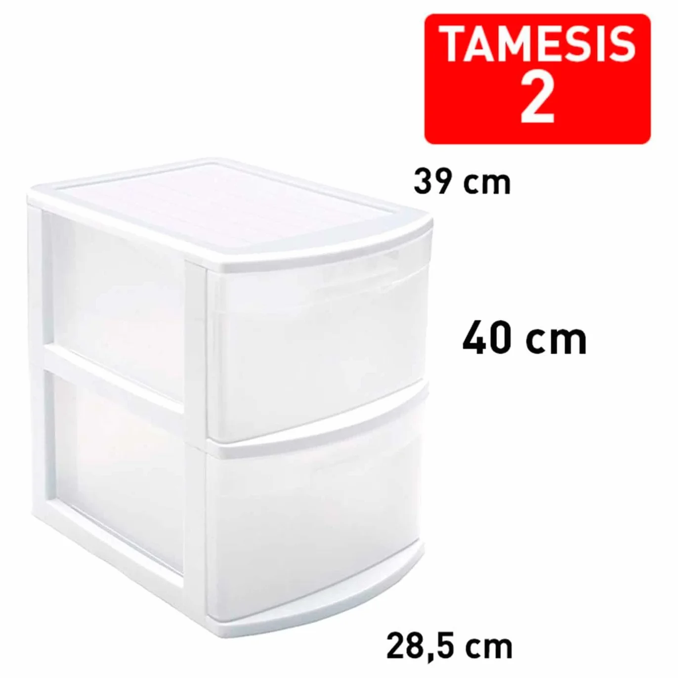 Tradineur – Cajonera Tamesis multiusos de 2 cajones – Sin ruedas – Fabricado en plástico – 40 x 28,5 x 39 cm – Color Blanco