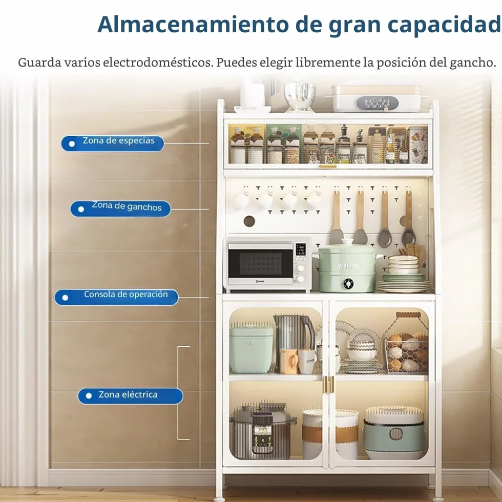 Armario de Cocina, Mueble Auxiliar De Cocina, 5 Niveles Aparador, con Orificio para Cables, con Ganchos Ruedas, Puerta Magnética, Color Blanco(66x36x164cm)