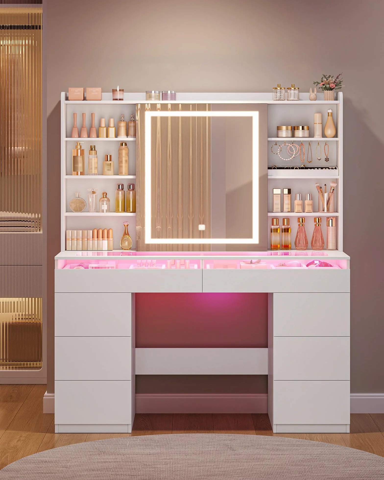 Hzuaneri 108 cm Tocador de Maquillaje, Tocador con Tablero de Cristal, Tira de Luz RGB, 8 Cajones, 9 Estantes de Almacenamiento Abiertos, Apto para Dormitorio, Blanco 1180203XEU