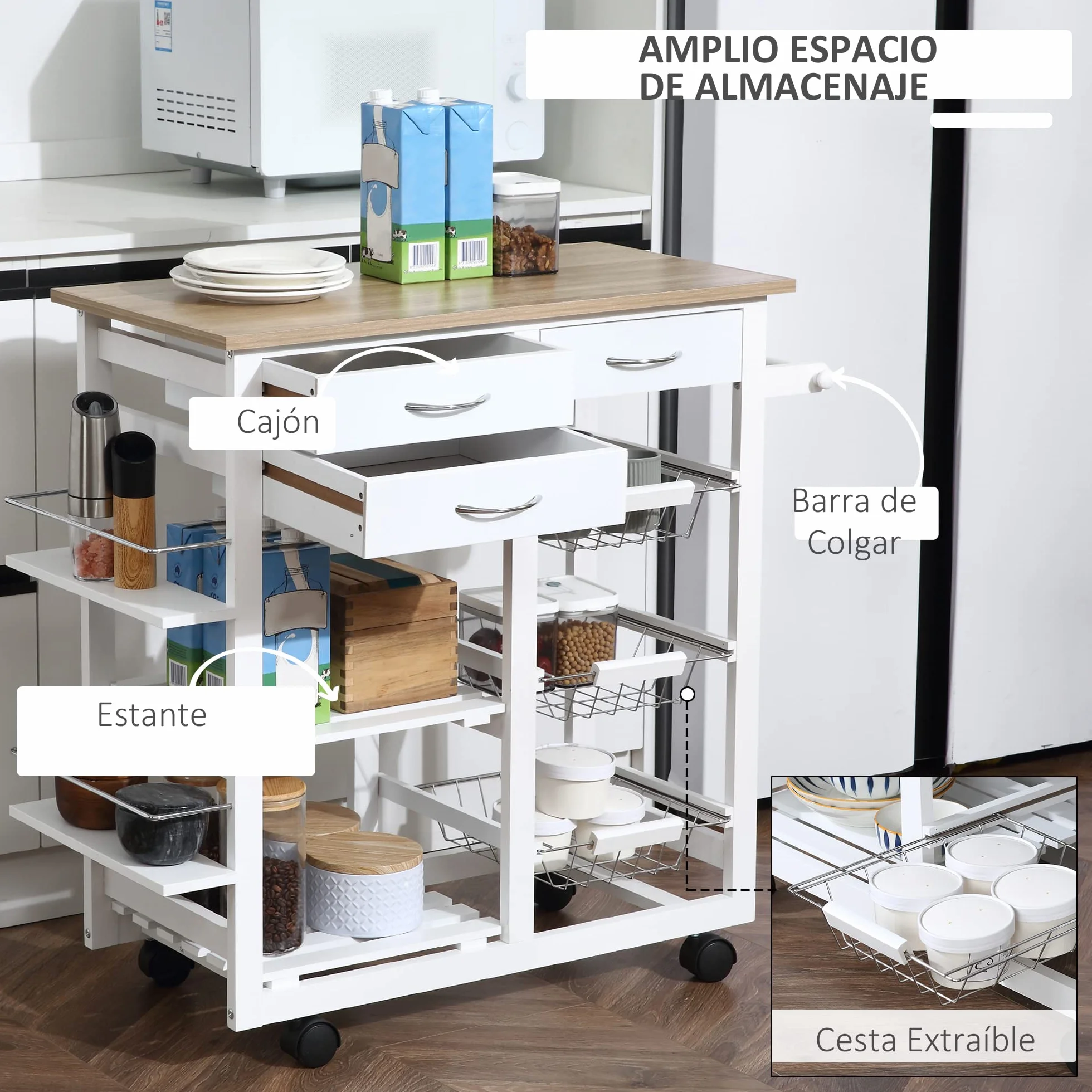 HOMCOM Carrito de Cocina Carro de Almacenamiento con Cajones Cestas Estantes para Especias Toallero Ruedas 92x37x82 cm Blanco