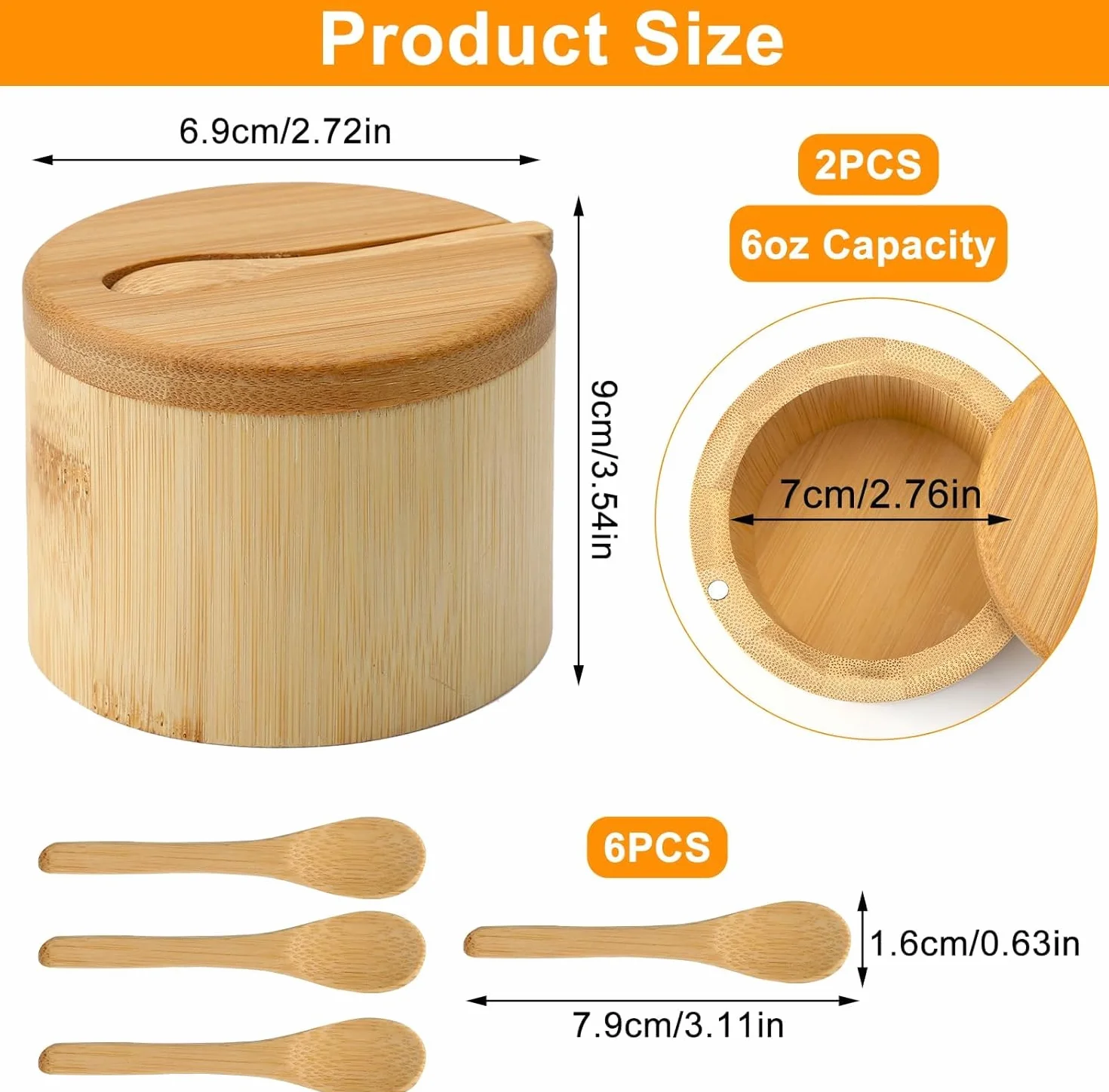 2 Salero para Cocina Bambú, Wood Salt Cellar Bowl Box, Recipiente para Sal de Cocina, Wooden Salt Box, con Tapa Giratoria & Cuchara, para Sal, Especias (9 x 9 x 7 cm)