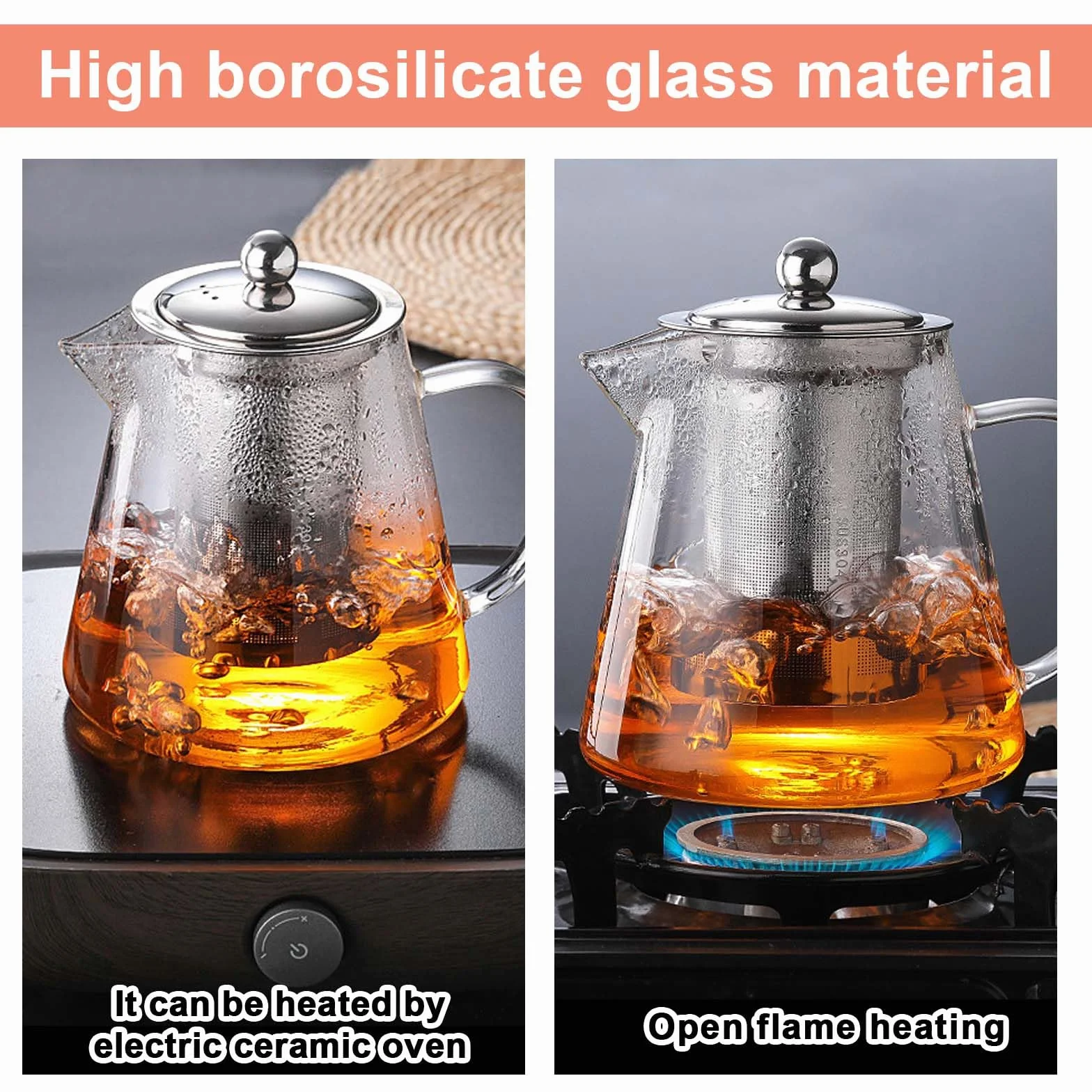 Tetera con colador y tapa, 1300 ml, tetera de vidrio borosilicato, tetera de cristal con filtro extraíble, tetera de cristal, resistente al calor, para té suelto, té de fruta, té perfumado