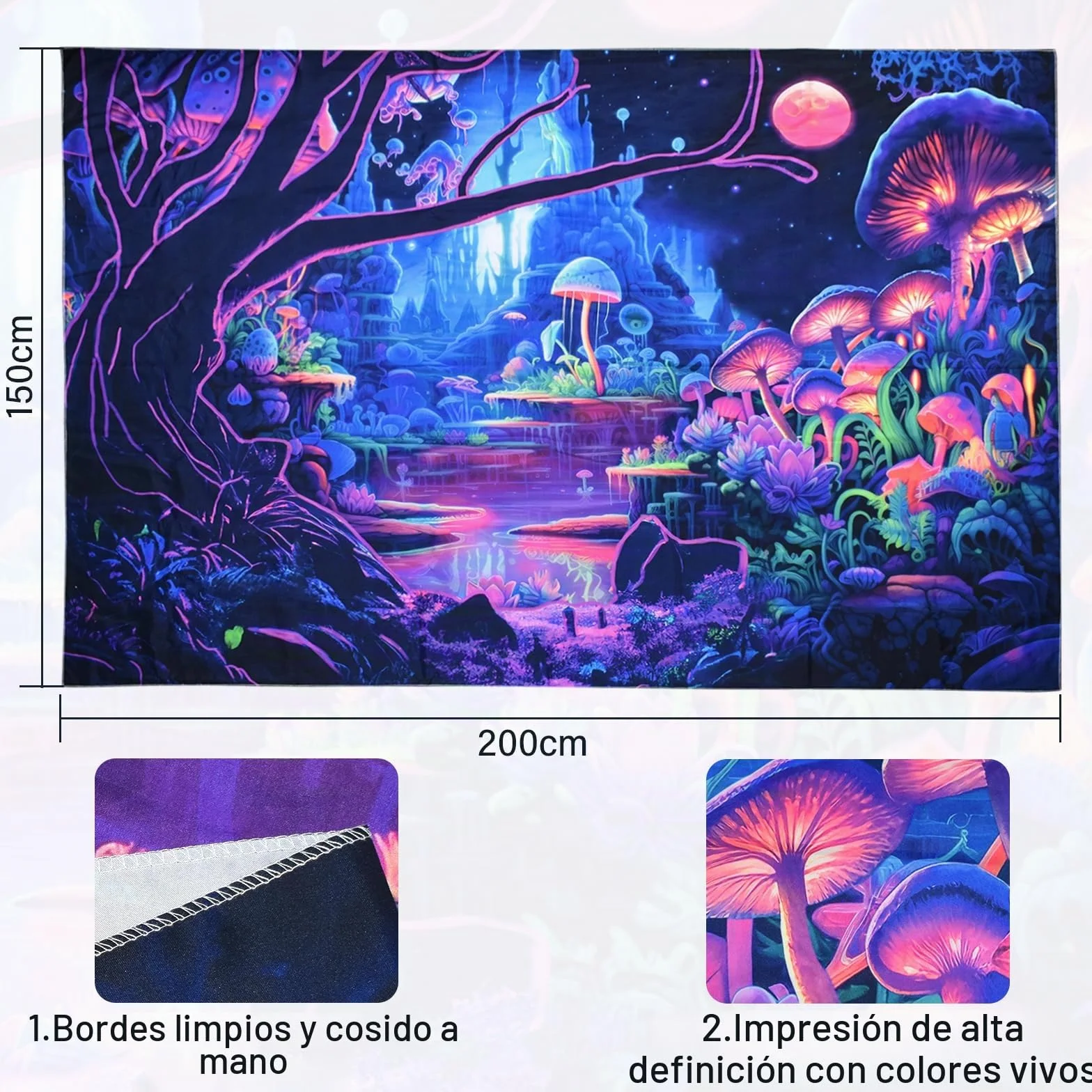 Cyiecw Negro Luz Tapiz Estético,UV Reactivo Hongo Deco Tapiz,Fluorescente Plantas Cielo Estrellado Psicodélico Bosque Paño de Pared,Colgante de Pared Dormitorio Salón Decoración(200 * 150cm)