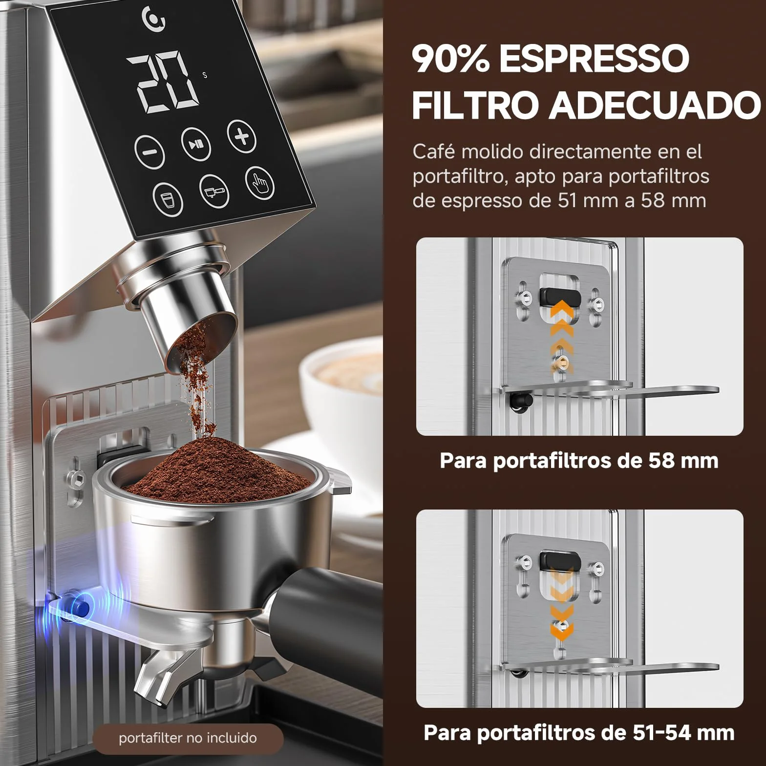 AMZCHEF Molinillo de Café Eléctrico para Espresso, 45 Ajustes de Molienda, Muelas Cónicas de Acero Inoxidable, Soporte para Portafiltros Ajustable, Panel Táctil LED, Tecnología Anti-Stática