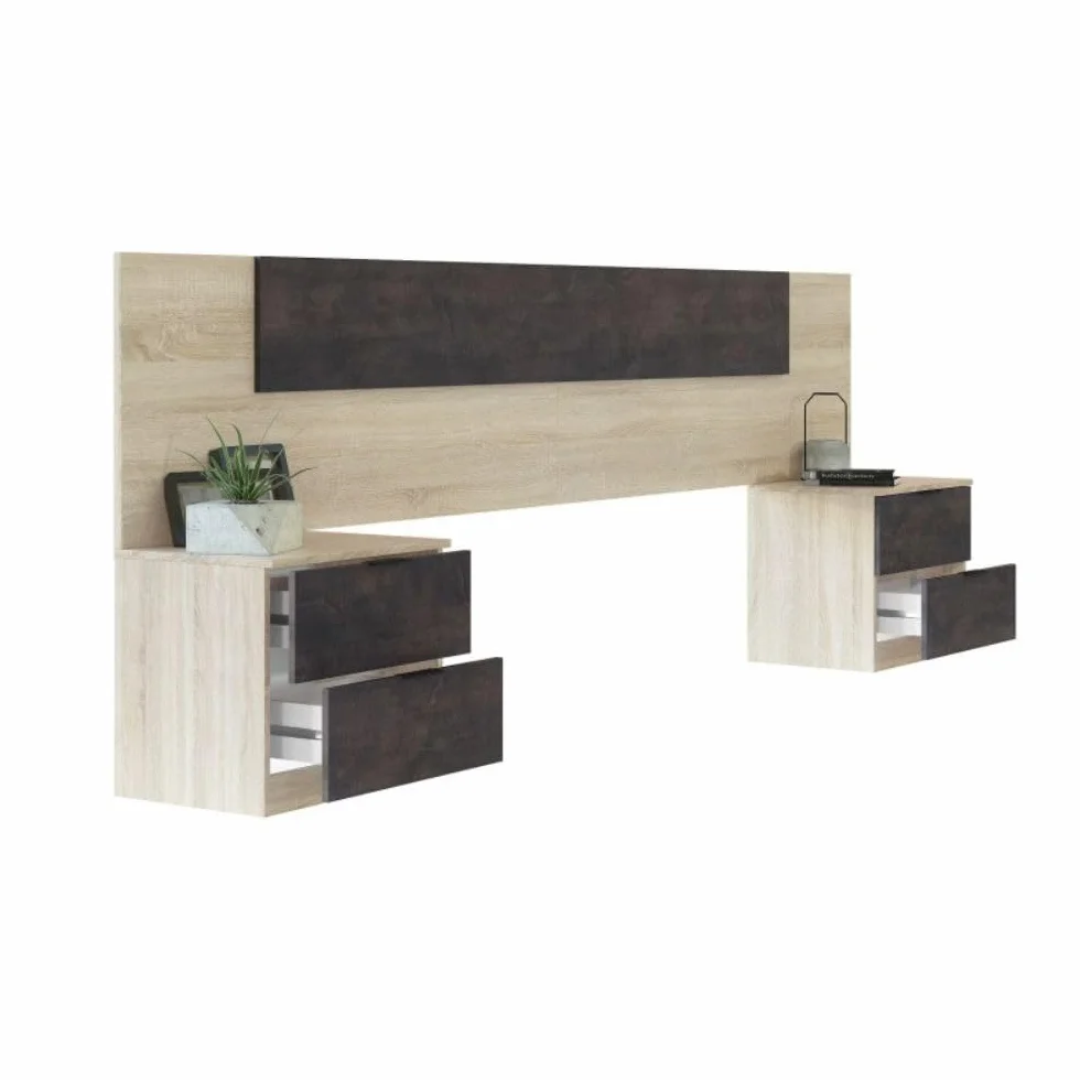 Mobelcenter, Conjunto Dormitorio Matrimonio Oxido, Color Roble Canadian y Oxido, Cabezal para Camas de 135 y 150 cm, 2 Mesitas de 3 cajones, Armario 3 Puertas 3 Cajones y Cama con 4 cajones (P0021)