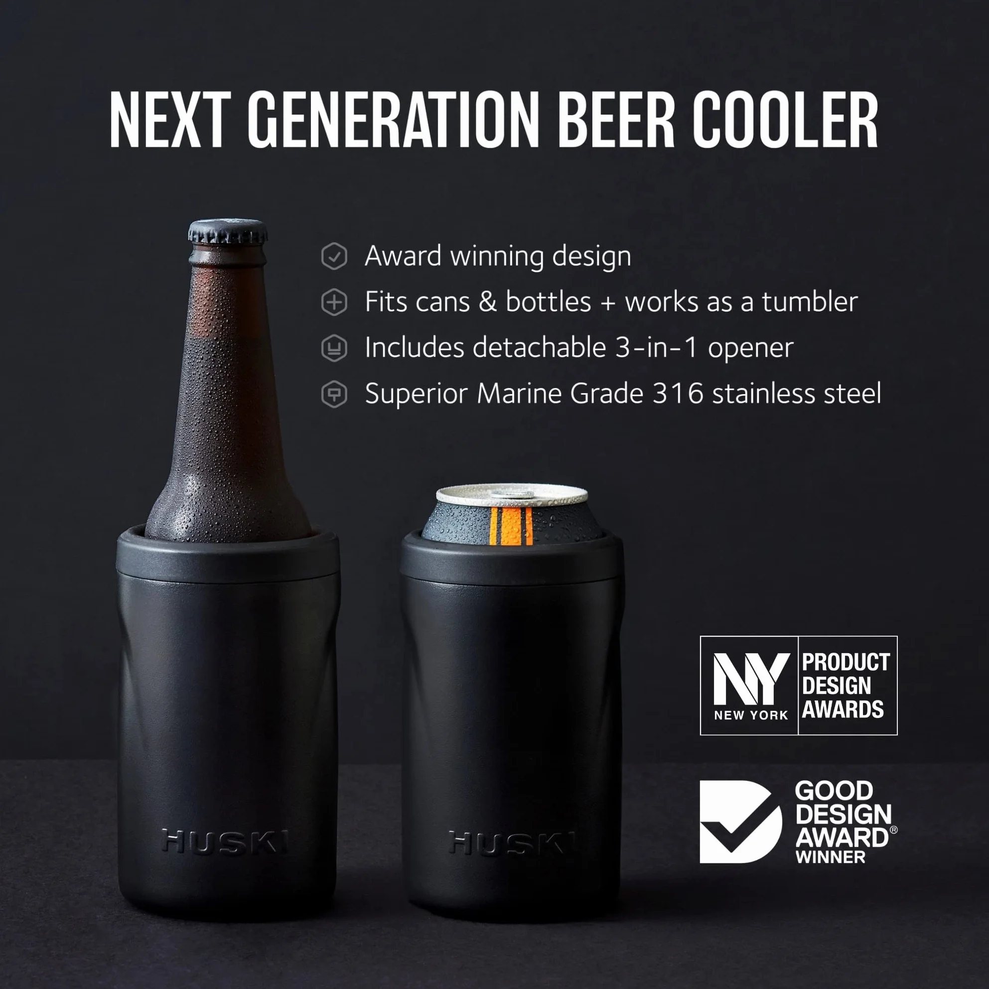 Huski Enfriador de cerveza 2.0 Soporte latas botellas acero inoxidable triple aislamiento abridor 3 en 1