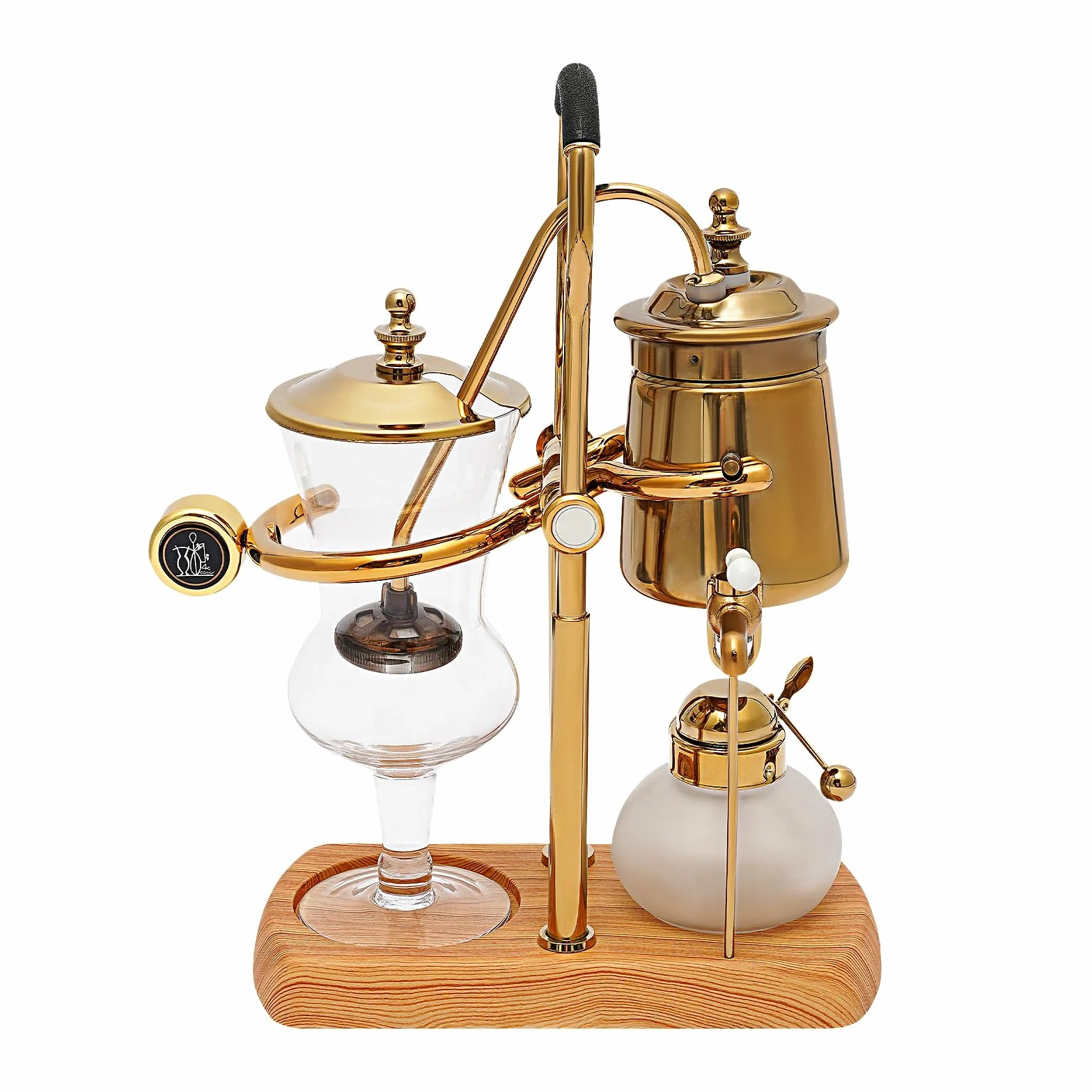 Luxury Siphon Balance - Juego de Cafetera con Sifón, Retro y al Vacío, Tetera, Base de Madera Natural y Pomo (Dorado)